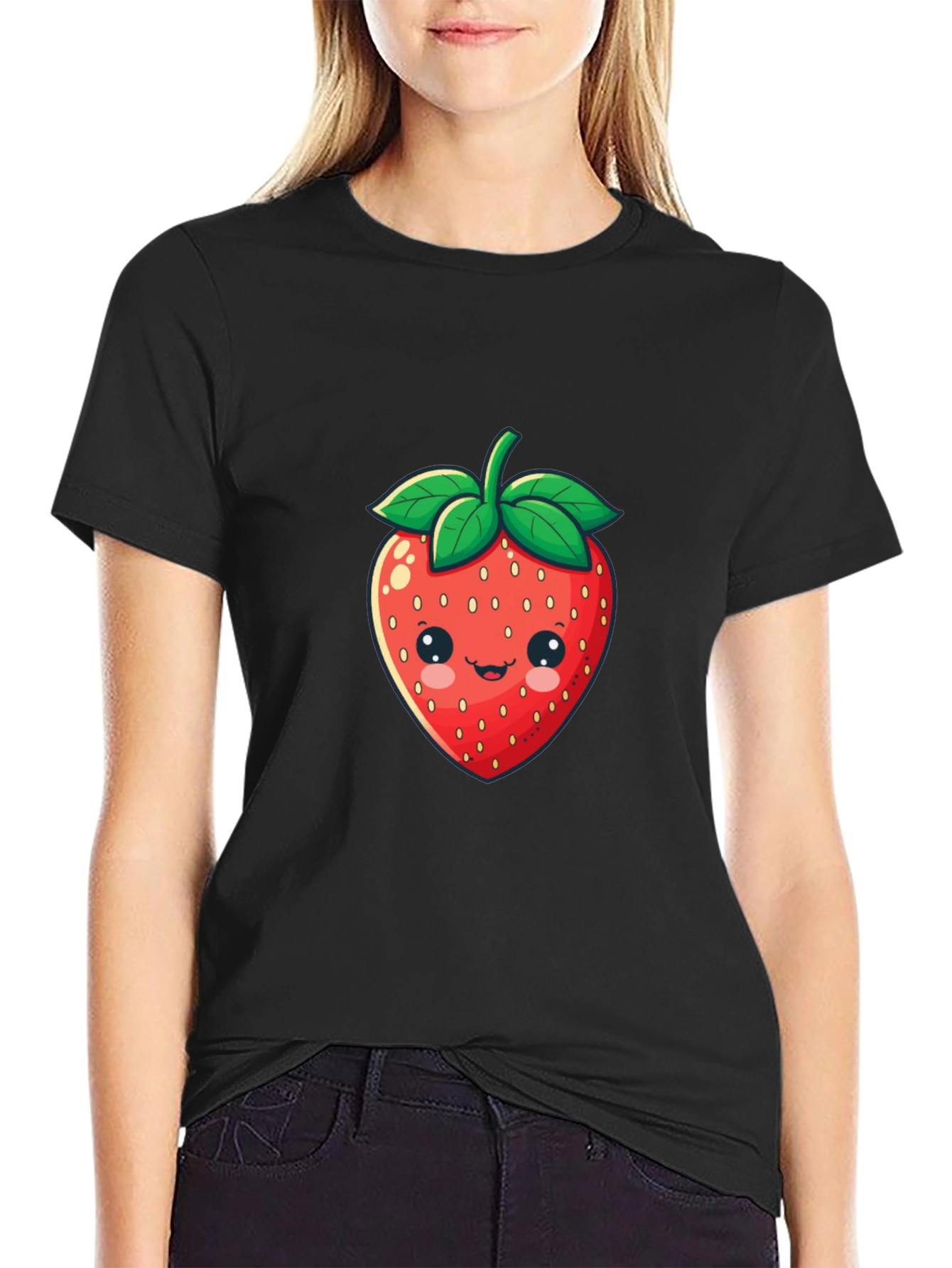 Cute Strawberry Graphic Print Black T-Shirt
