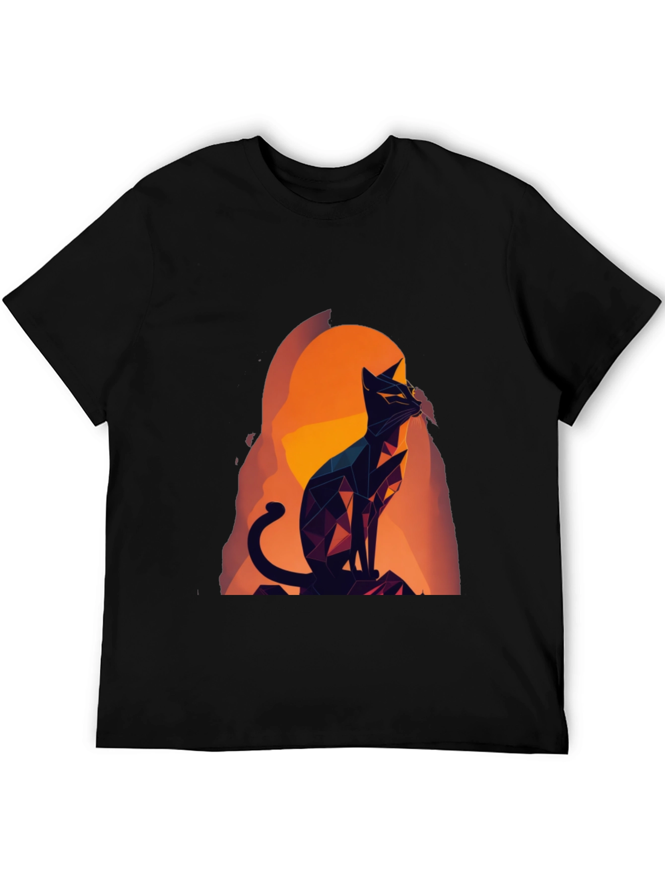 Geometric Cat Graphic Tee - Black Cotton Blend