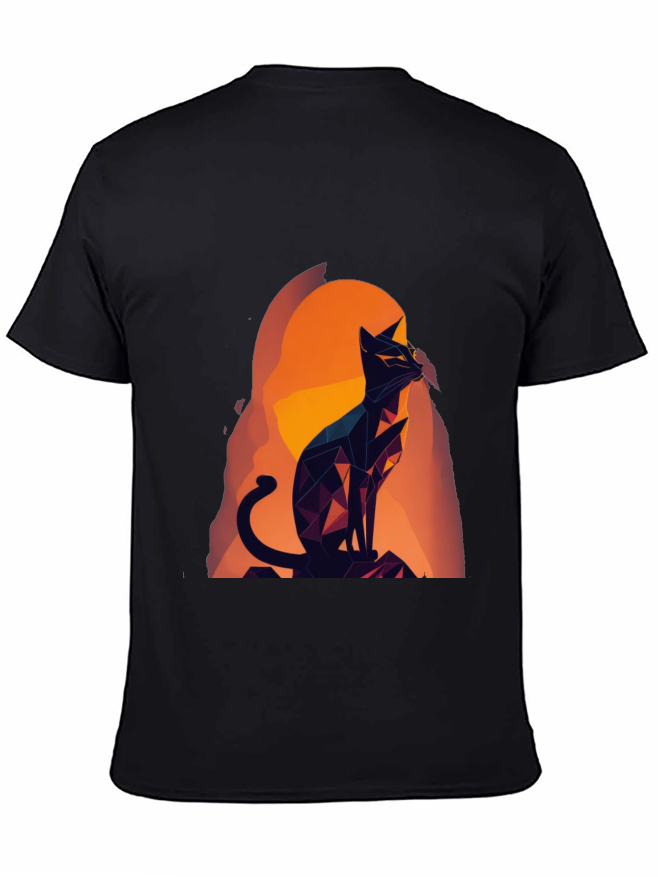 Geometric Cat Graphic Tee - Black Cotton Blend