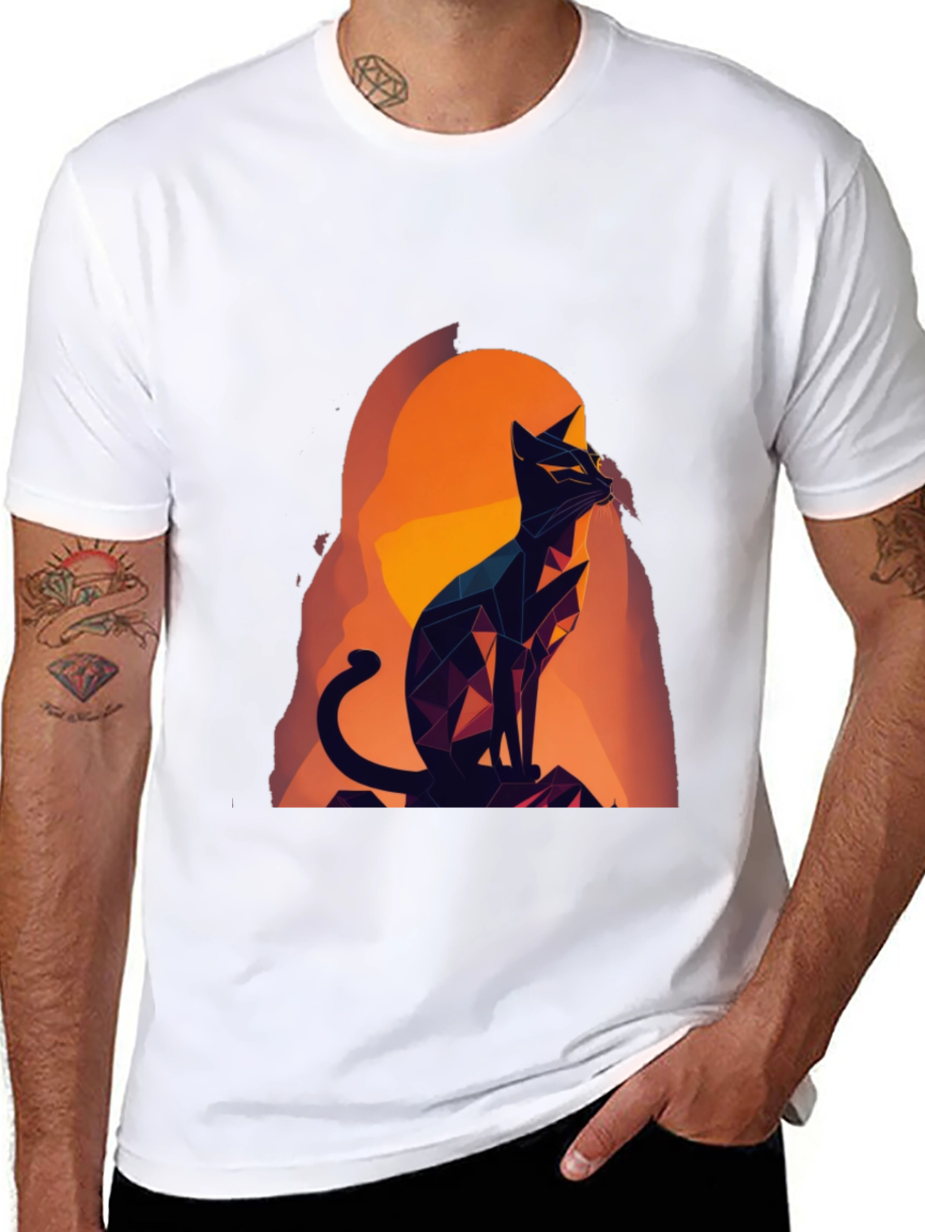 Geometric Cat Graphic Tee - Black Cotton Blend