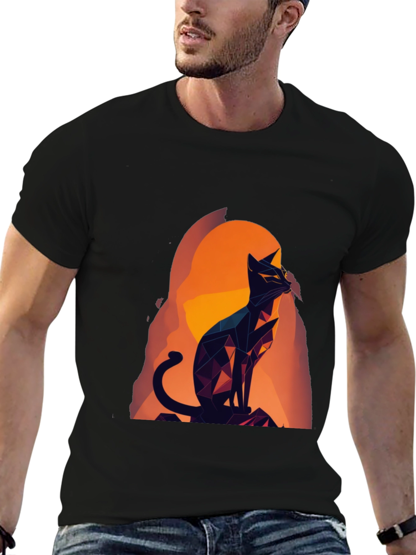 Geometric Cat Graphic Tee - Black Cotton Blend