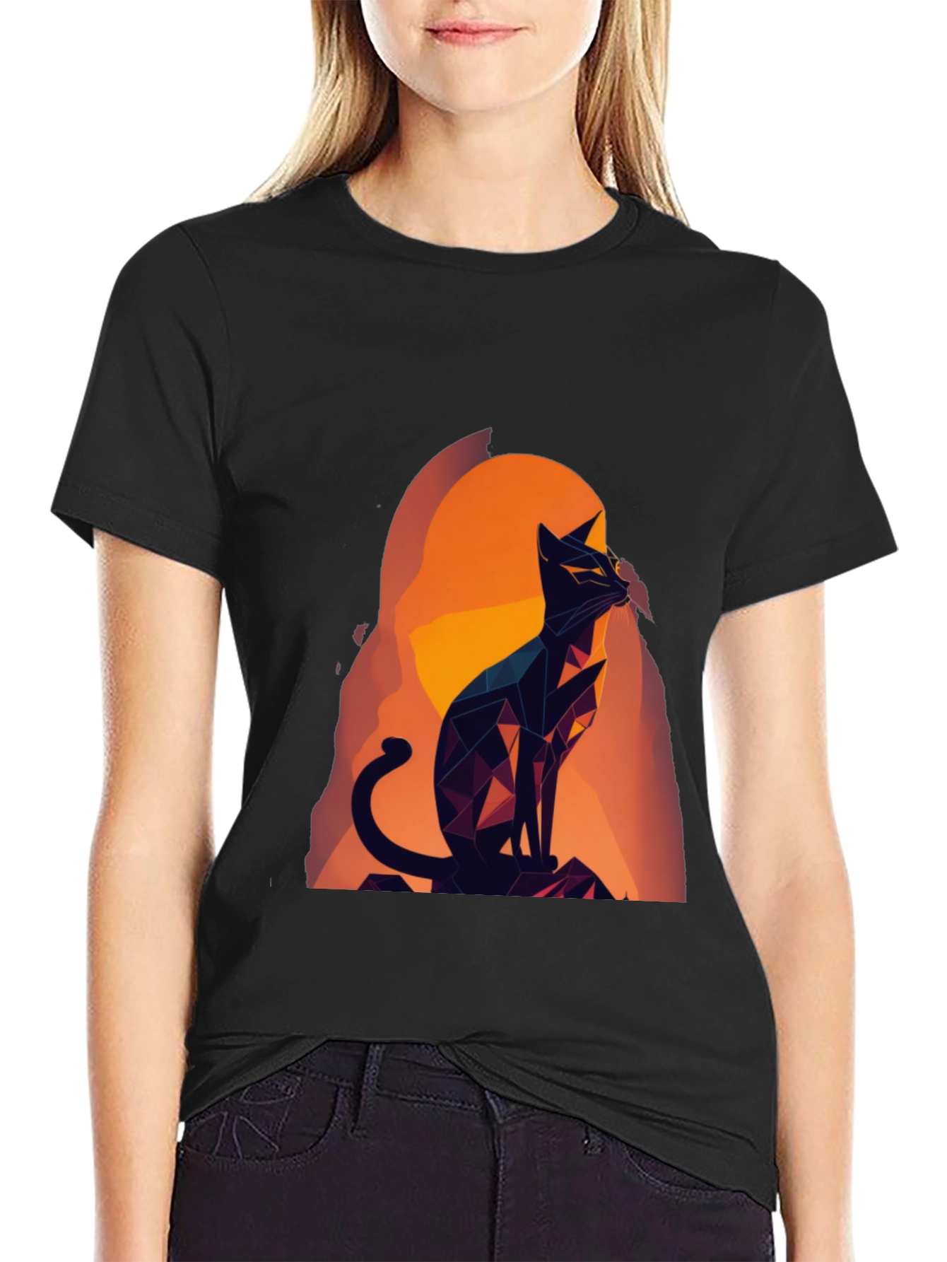 Geometric Cat Graphic Tee - Black Cotton Blend