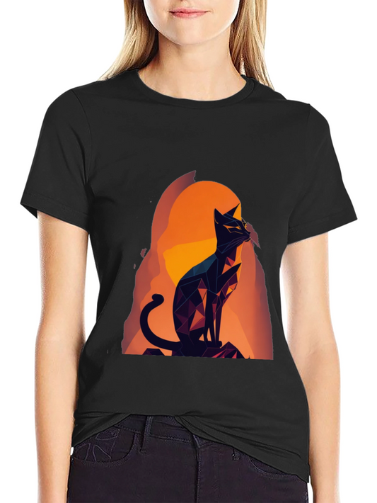 Geometric Cat Graphic Tee - Black Cotton Blend