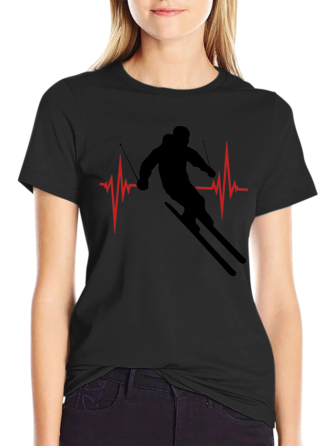 Ski Heartbeat T-Shirt - Black Skiing Tee