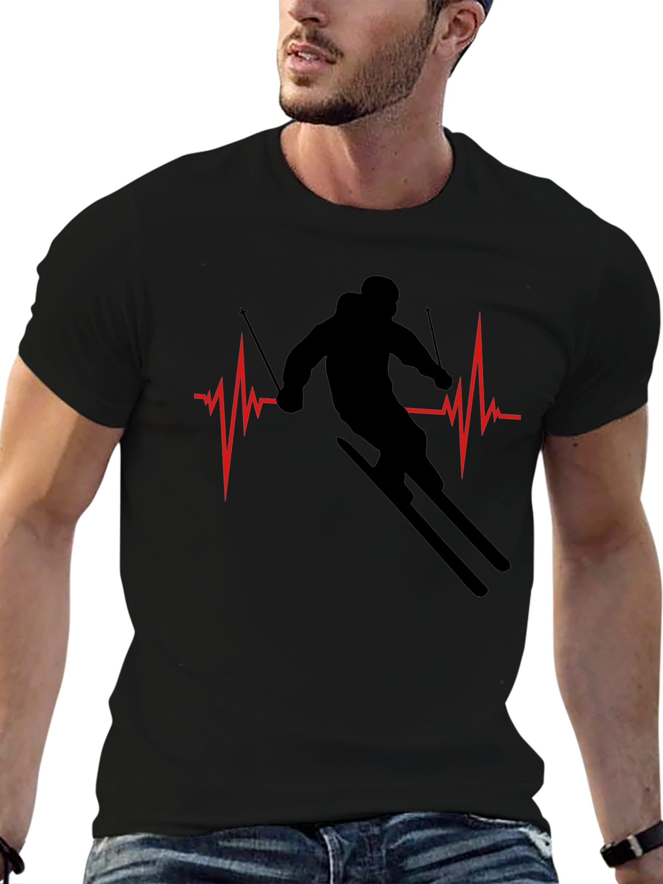 Ski Heartbeat T-Shirt - Black Skiing Tee