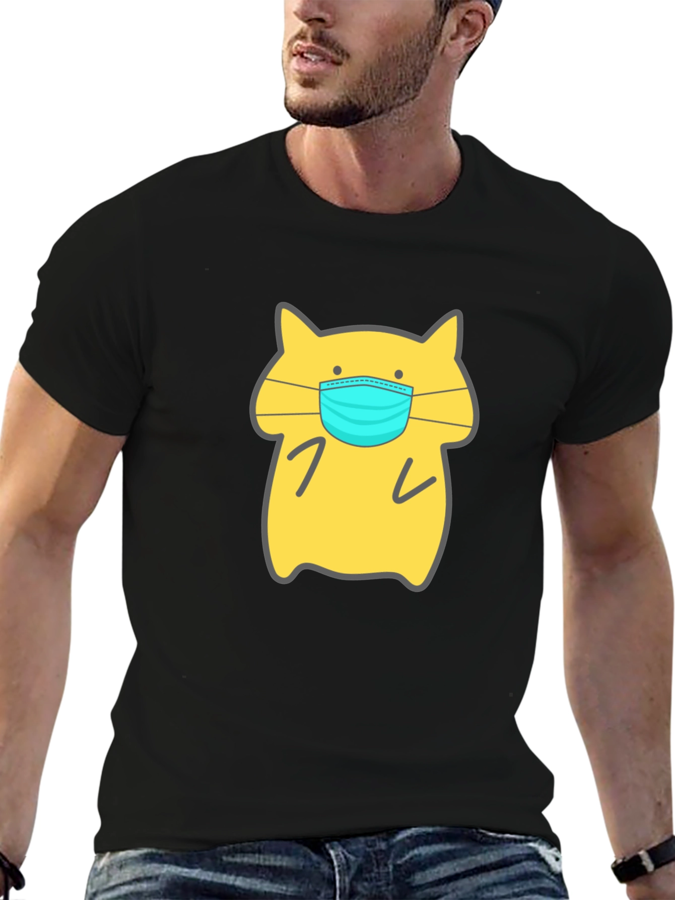 Cat Wearing Mask Graphic Tee - Unisex Black T-Shirt