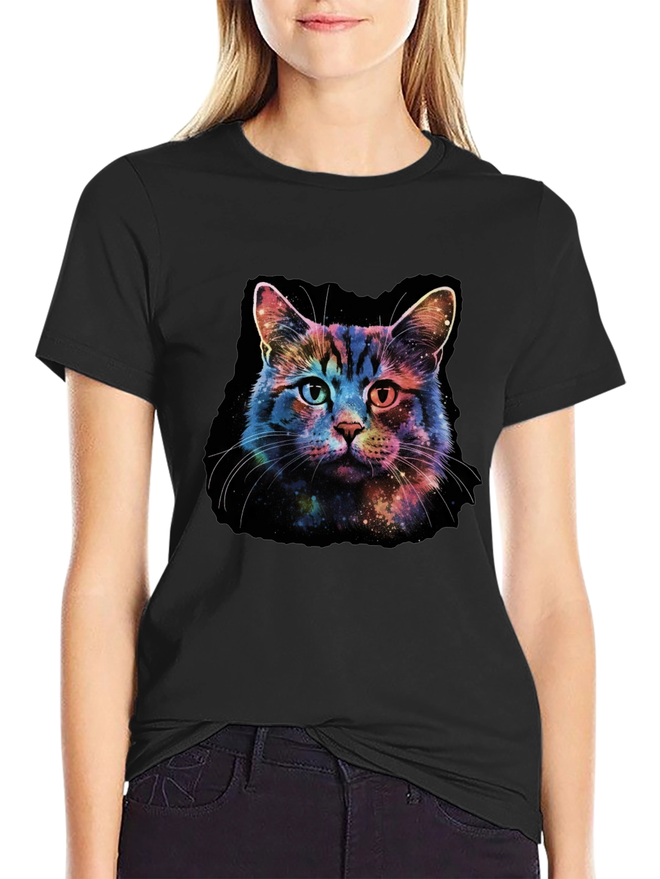 Galaxy Cat Graphic Tee - Black Cotton T-Shirt
