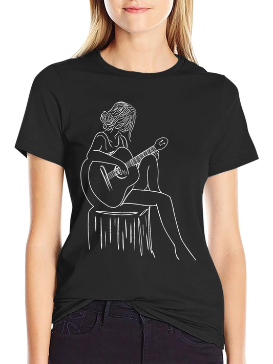 Guitar Girl Graphic Tee - Modern Line Art Black T-Shirt