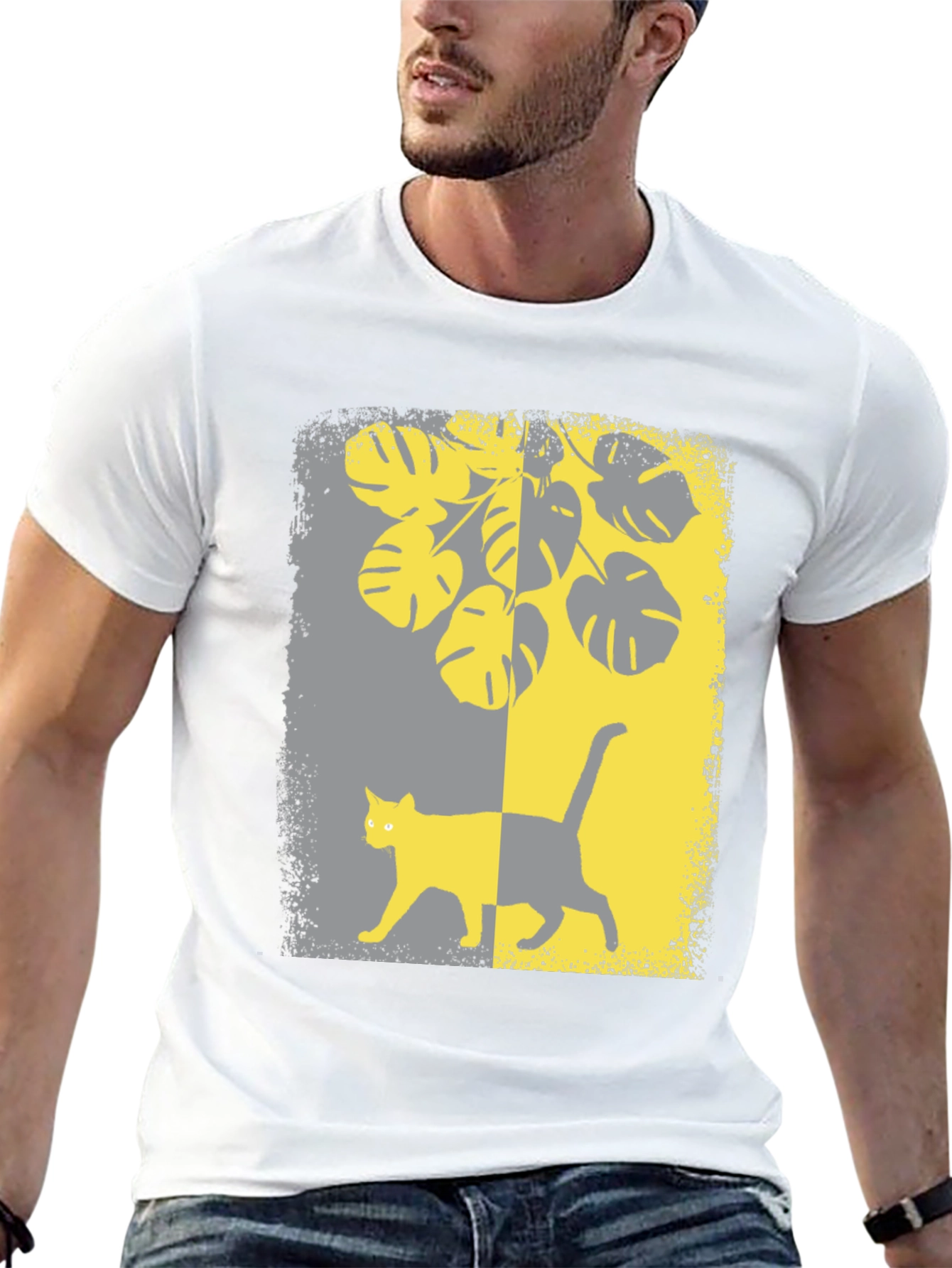 Monstera Cat Graphic Tee - Stylish Black Shirt