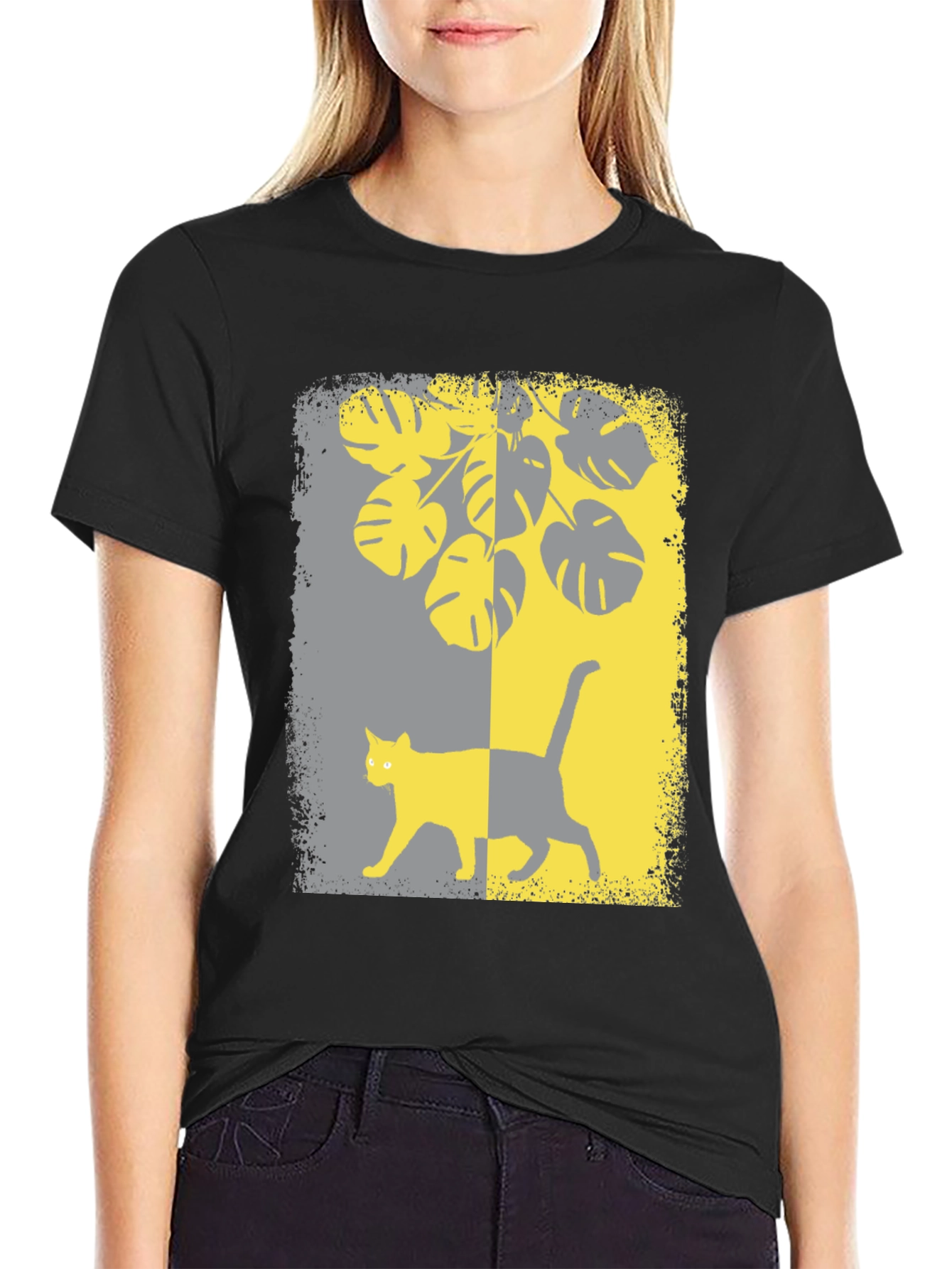 Monstera Cat Graphic Tee - Stylish Black Shirt