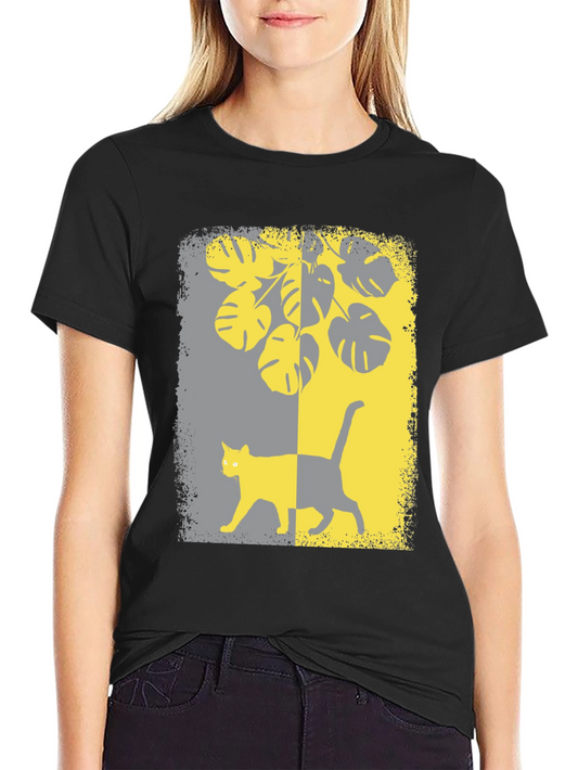 Monstera Cat Graphic Tee - Stylish Black Shirt