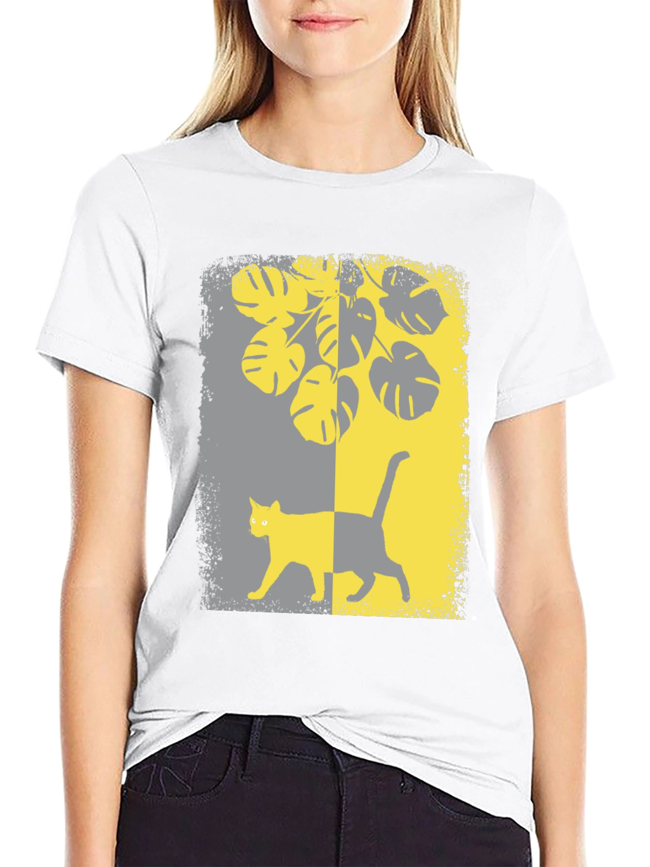 Monstera Cat Graphic Tee - Stylish Black Shirt