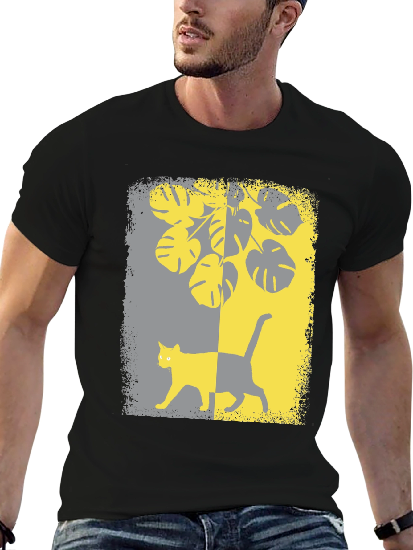 Monstera Cat Graphic Tee - Stylish Black Shirt
