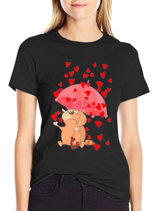 Cute Cat in Love T-Shirt - Heart Umbrella Design