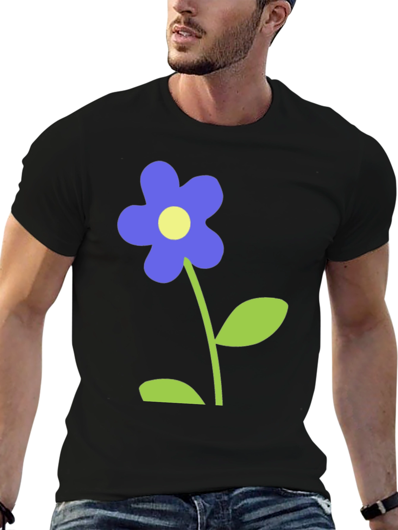 Black T-Shirt with Blue Flower Graphic