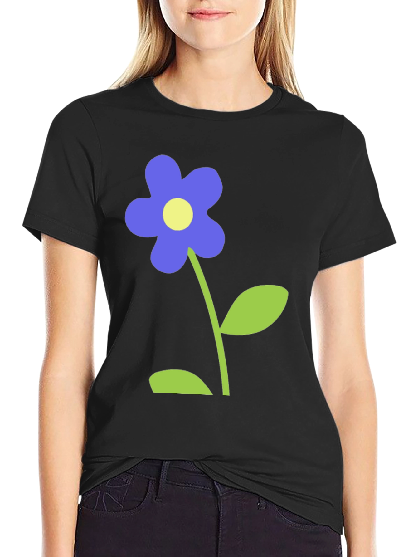 Black T-Shirt with Blue Flower Graphic