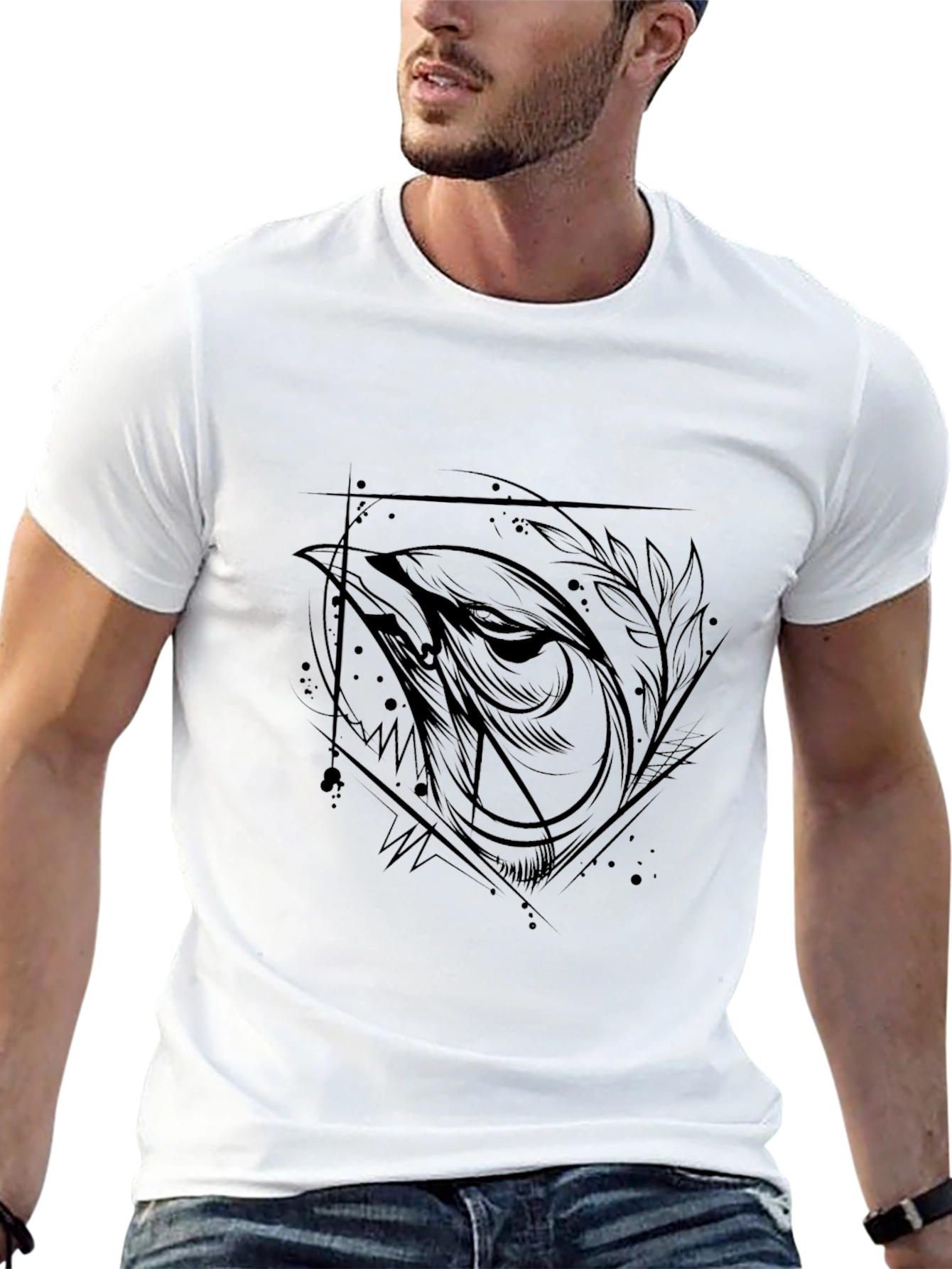 Mens Black Graphic Tee - Abstract Bird Design