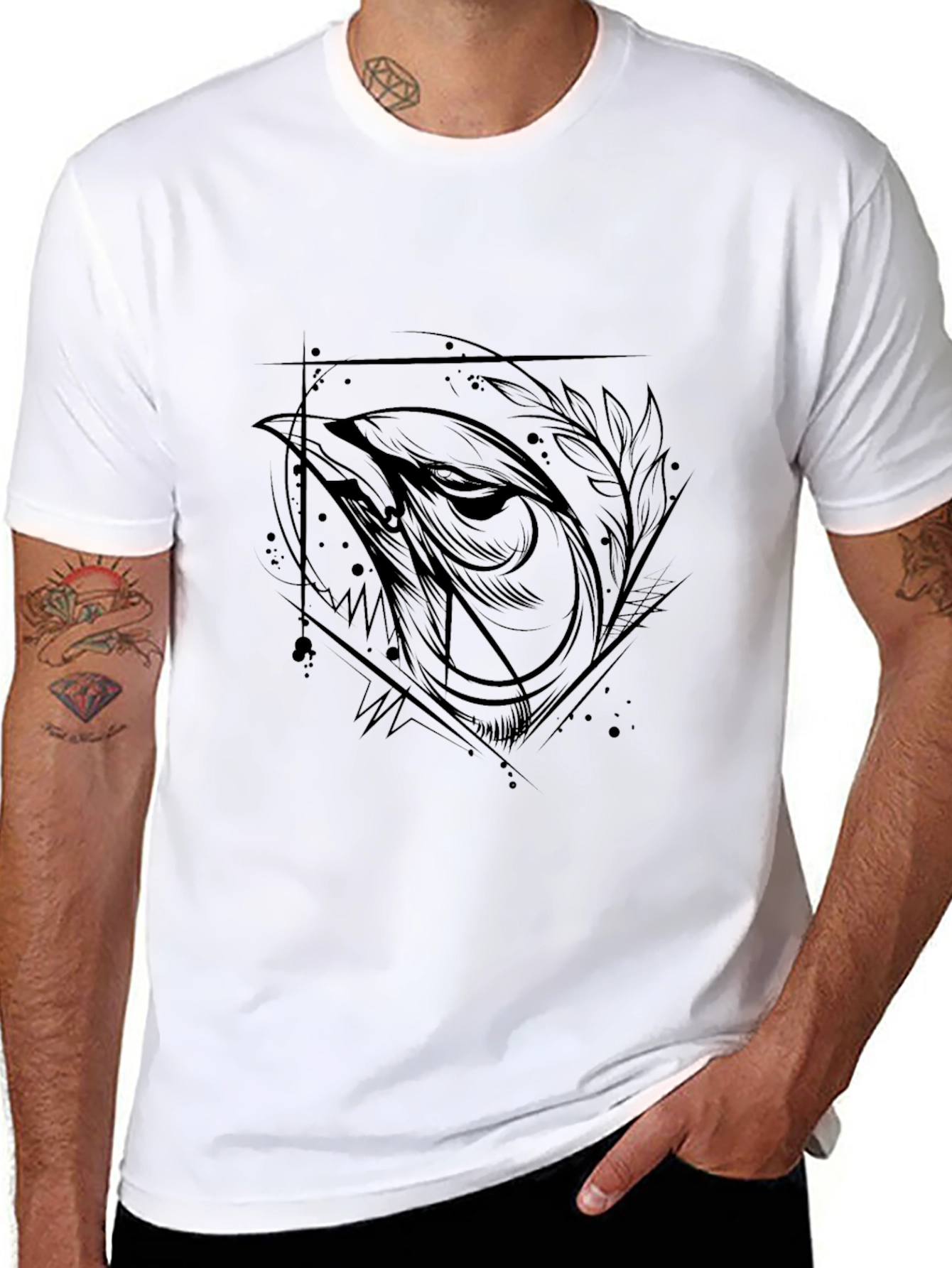 Mens Black Graphic Tee - Abstract Bird Design