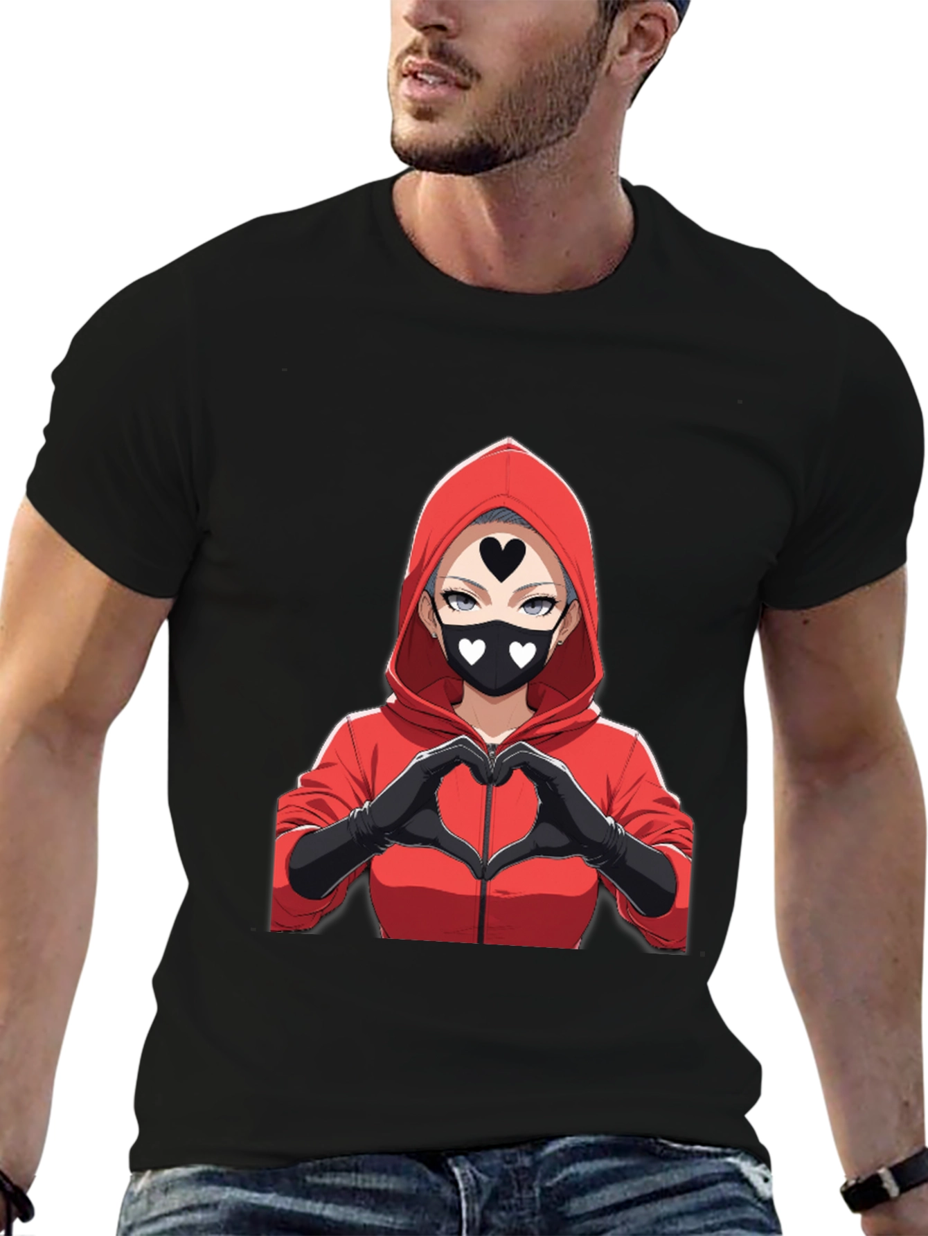 Anime Heart Mask T-Shirt - Black Cotton Tee