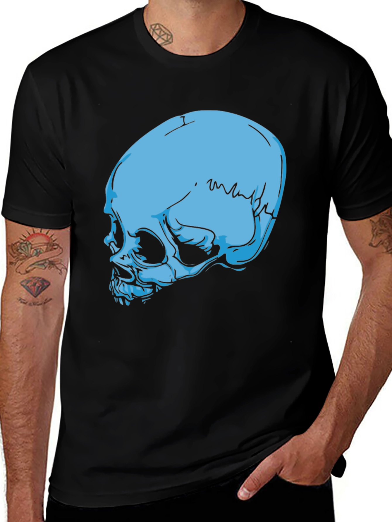 Blue Skull Graphic Black T-Shirt