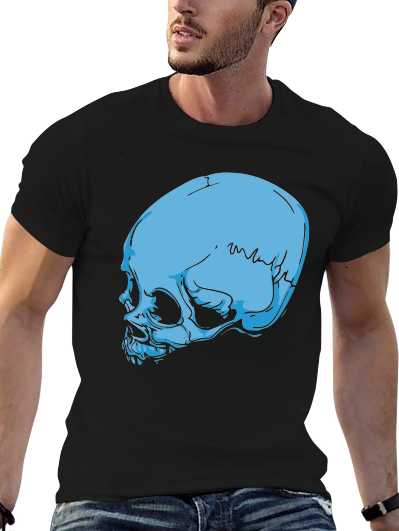 Blue Skull Graphic Black T-Shirt