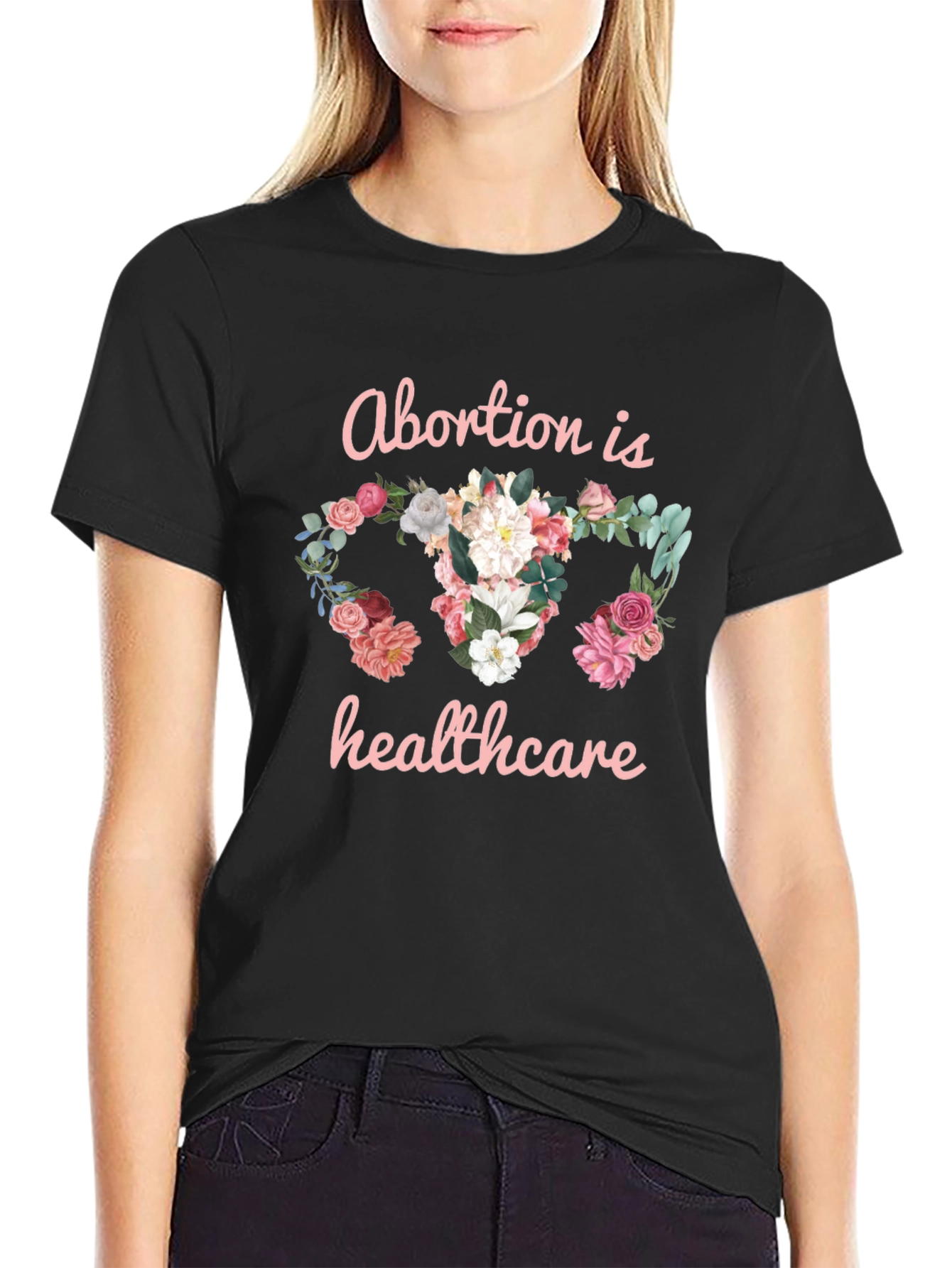 Floral Uterus Abortion is Healthcare Black T-Shirt