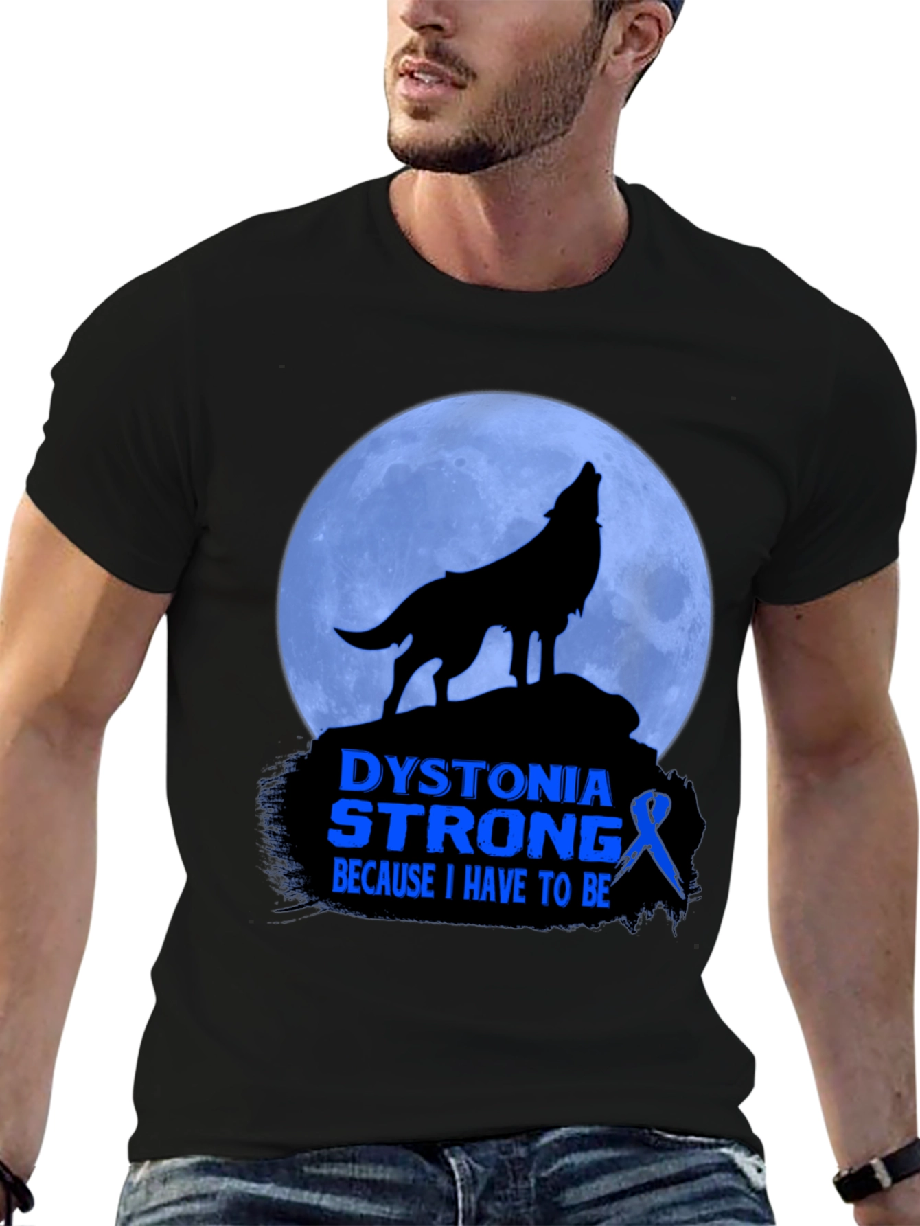 Dystonia Strong Wolf Howling Moon Graphic T-Shirt
