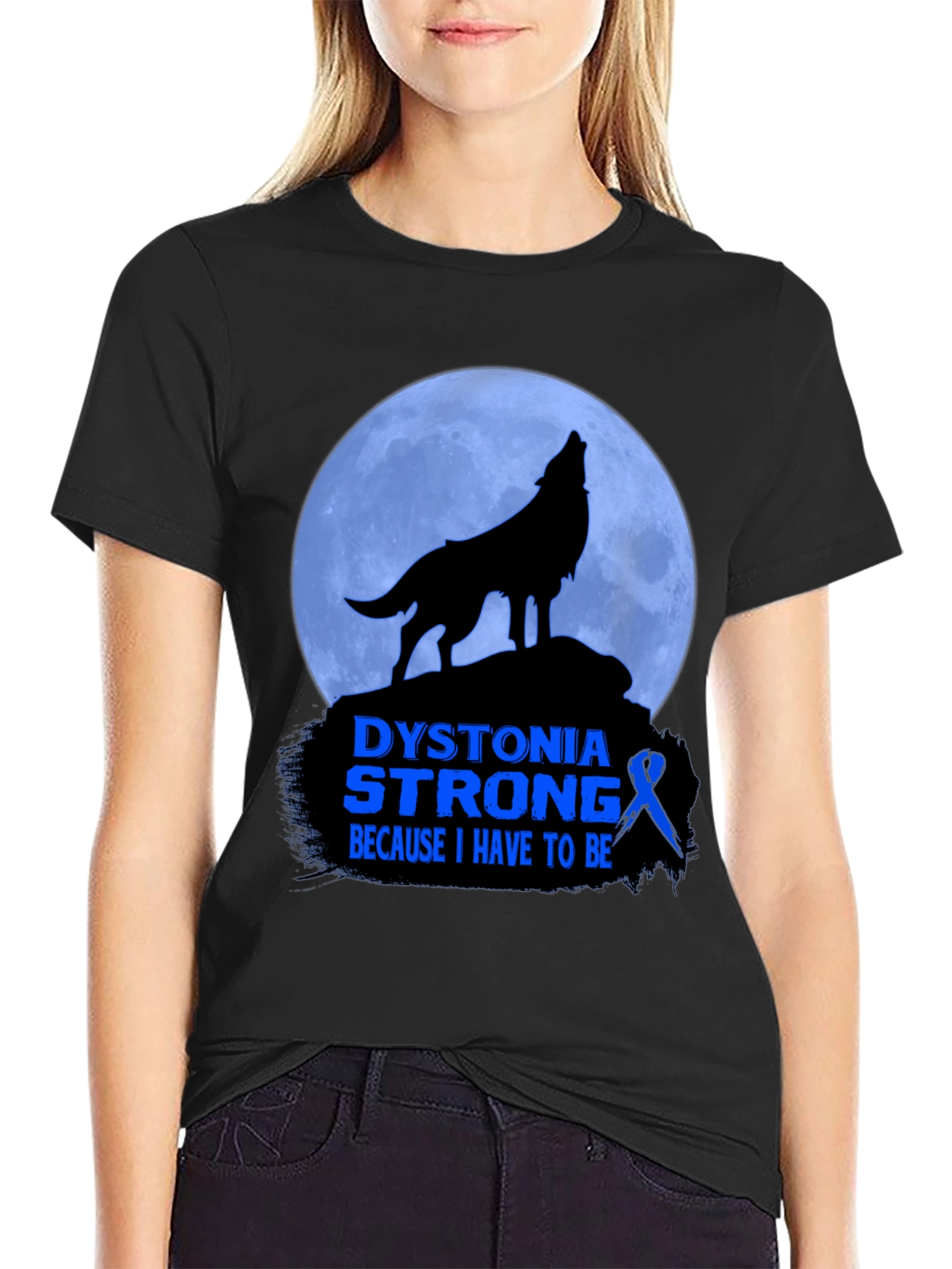 Dystonia Strong Wolf Howling Moon Graphic T-Shirt