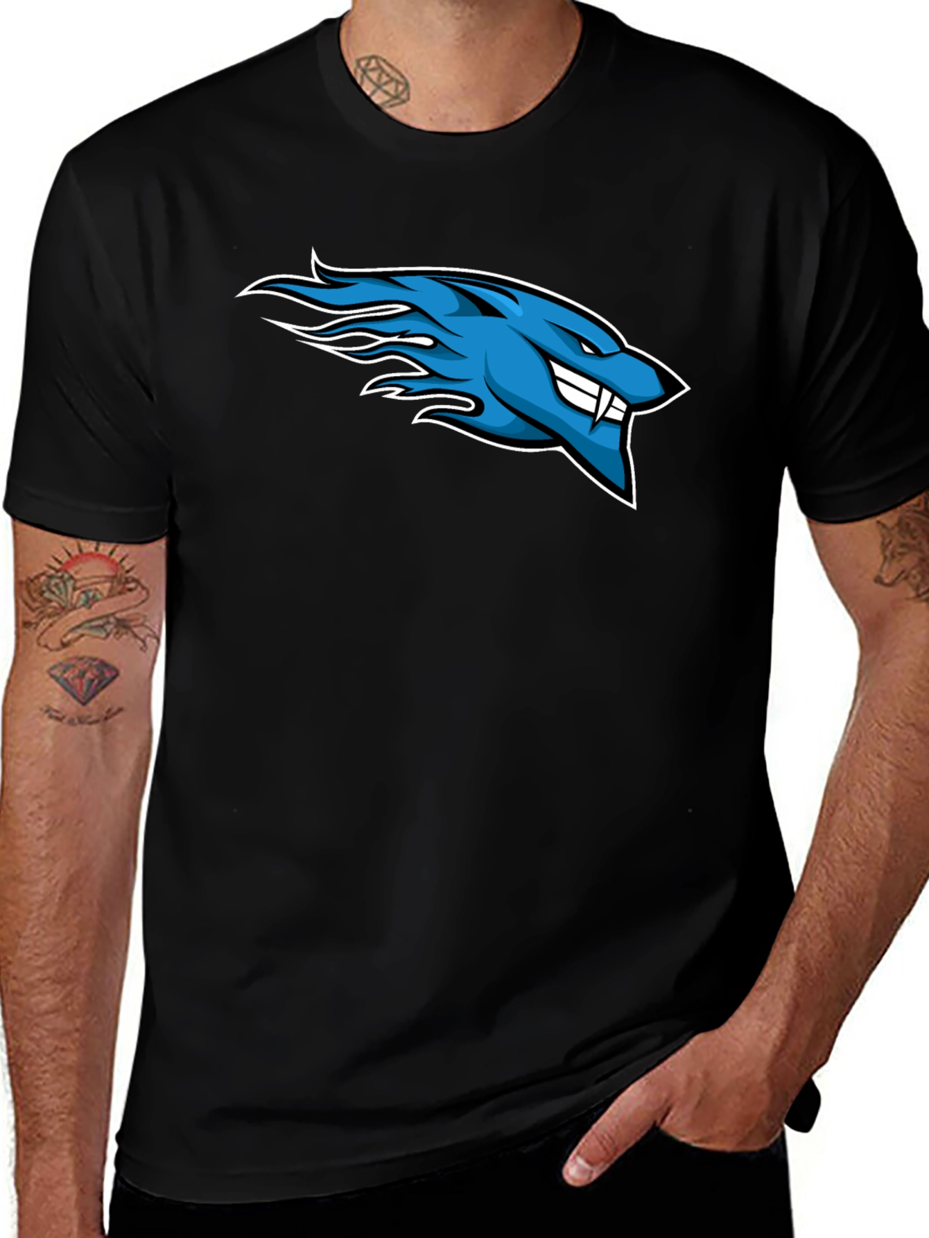 Mens Black T-Shirt with Blue Flaming Wolf Design