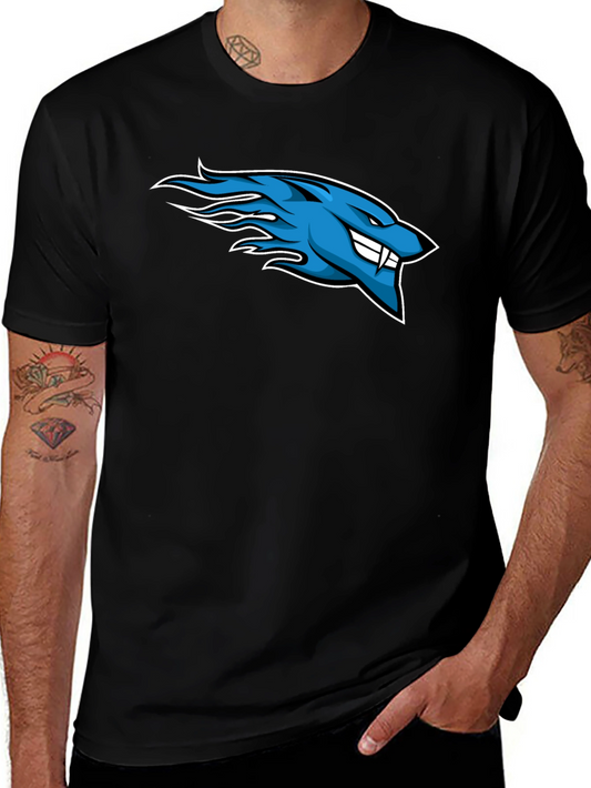 Mens Black T-Shirt with Blue Flaming Wolf Design