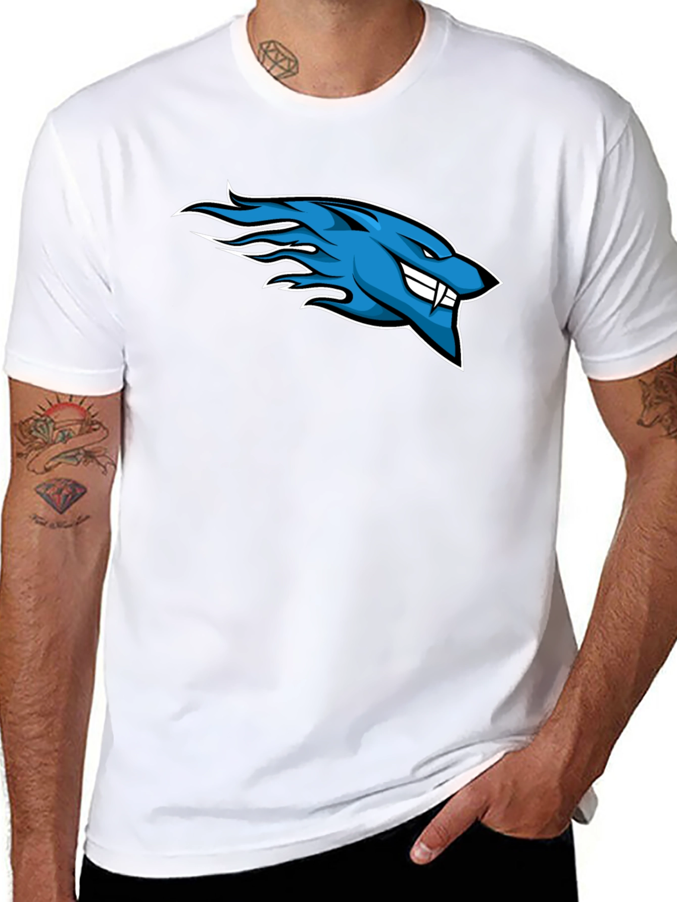 Mens Black T-Shirt with Blue Flaming Wolf Design