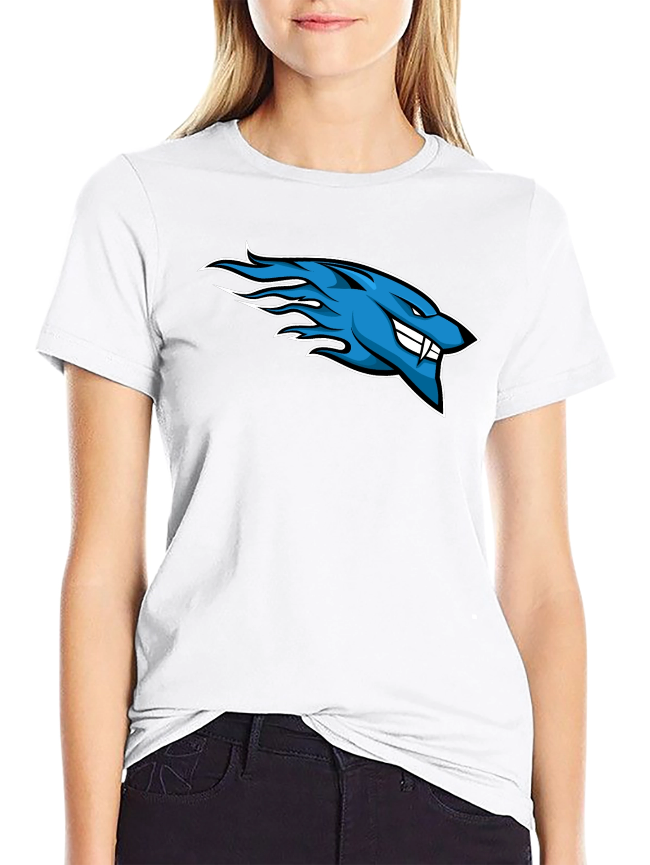 Mens Black T-Shirt with Blue Flaming Wolf Design