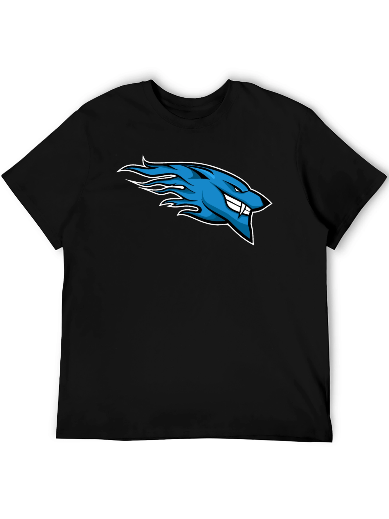 Mens Black T-Shirt with Blue Flaming Wolf Design