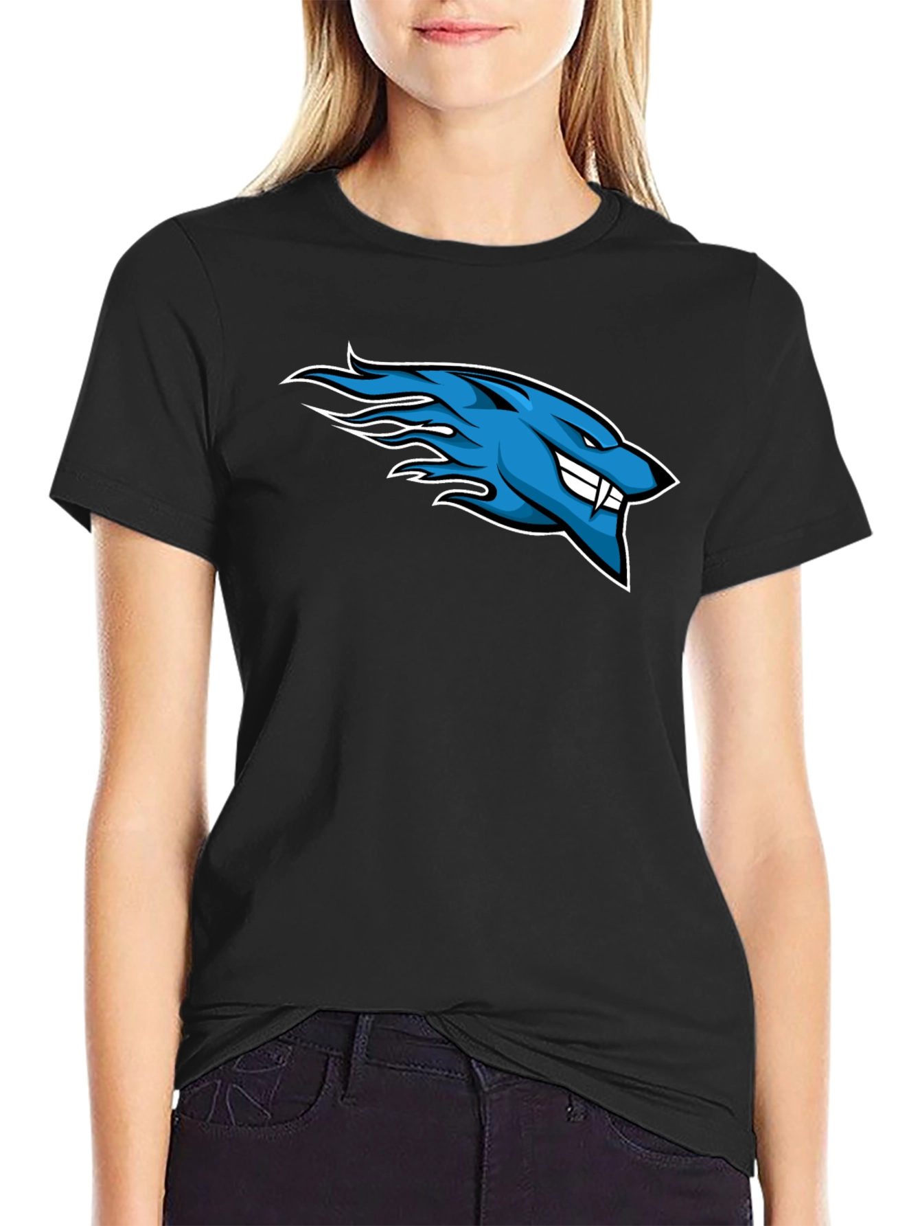 Mens Black T-Shirt with Blue Flaming Wolf Design