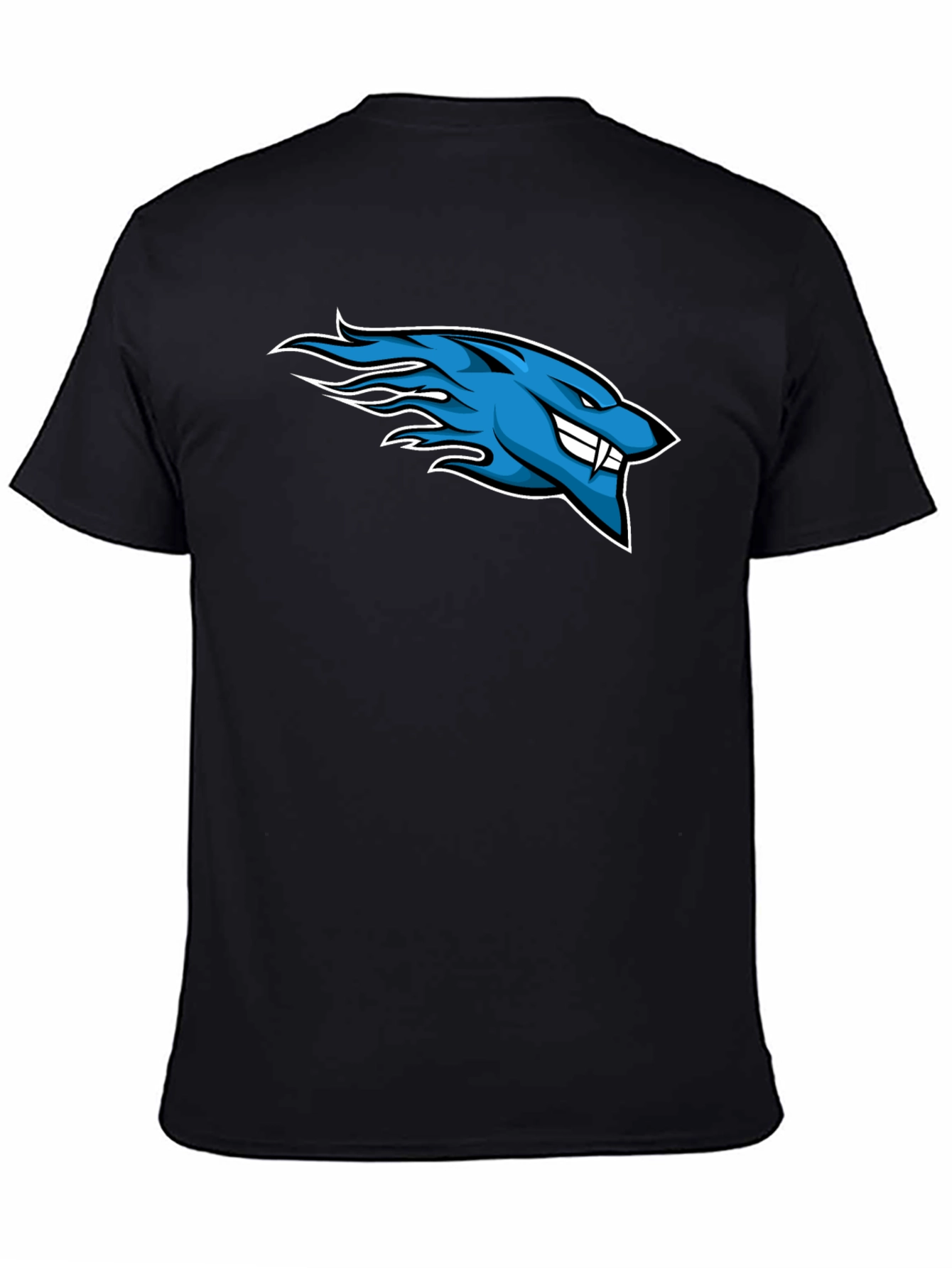 Mens Black T-Shirt with Blue Flaming Wolf Design