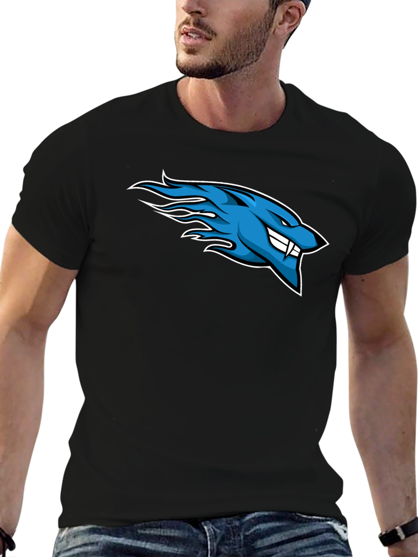 Mens Black T-Shirt with Blue Flaming Wolf Design