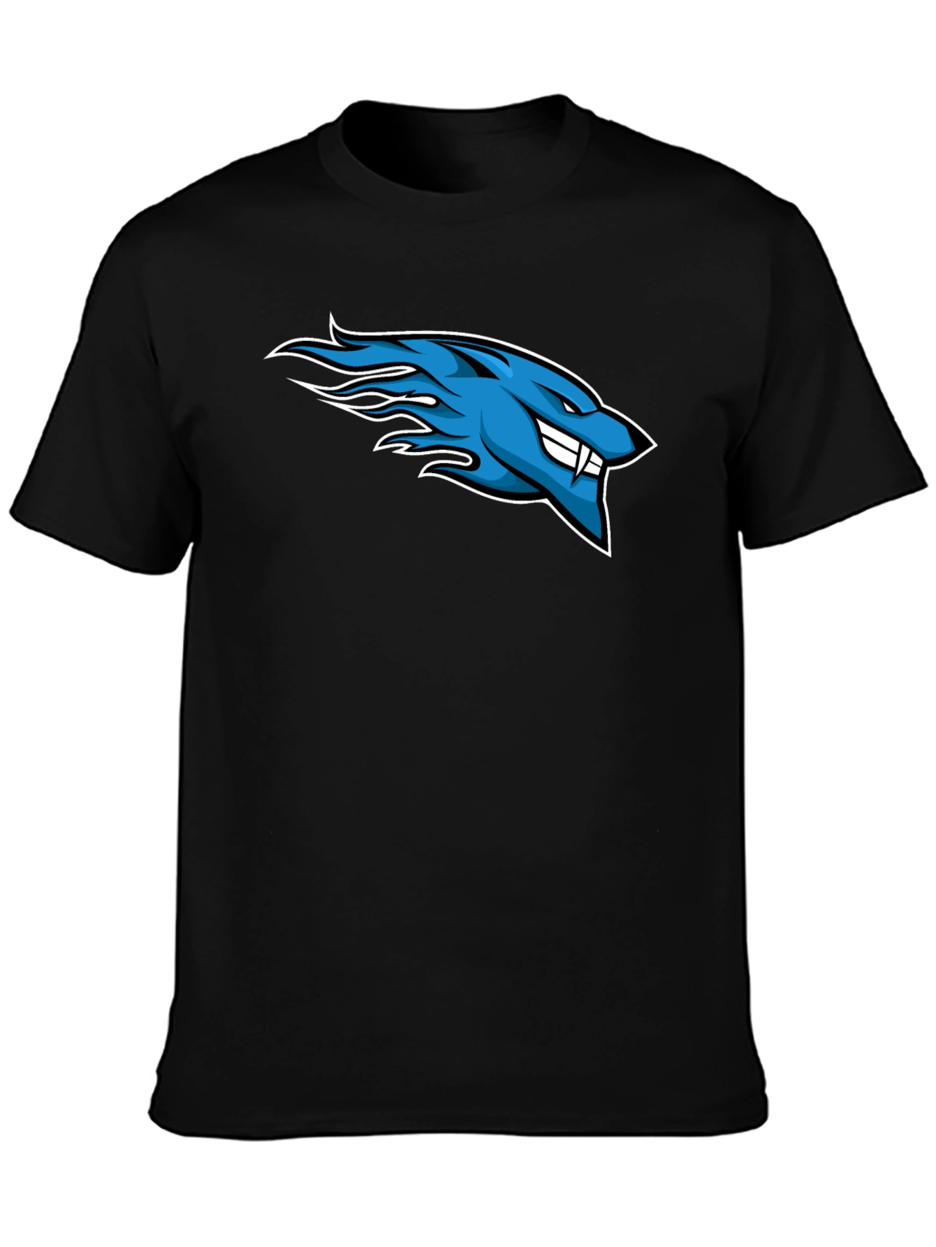 Mens Black T-Shirt with Blue Flaming Wolf Design