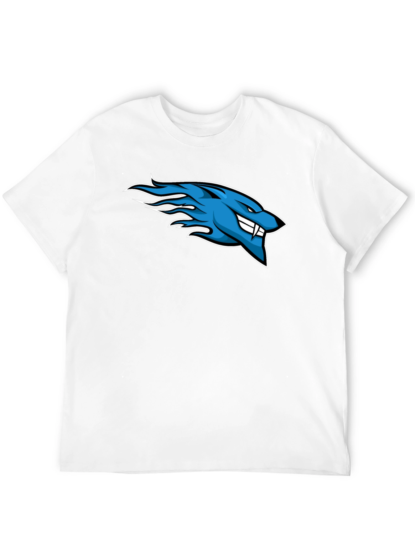 Mens Black T-Shirt with Blue Flaming Wolf Design
