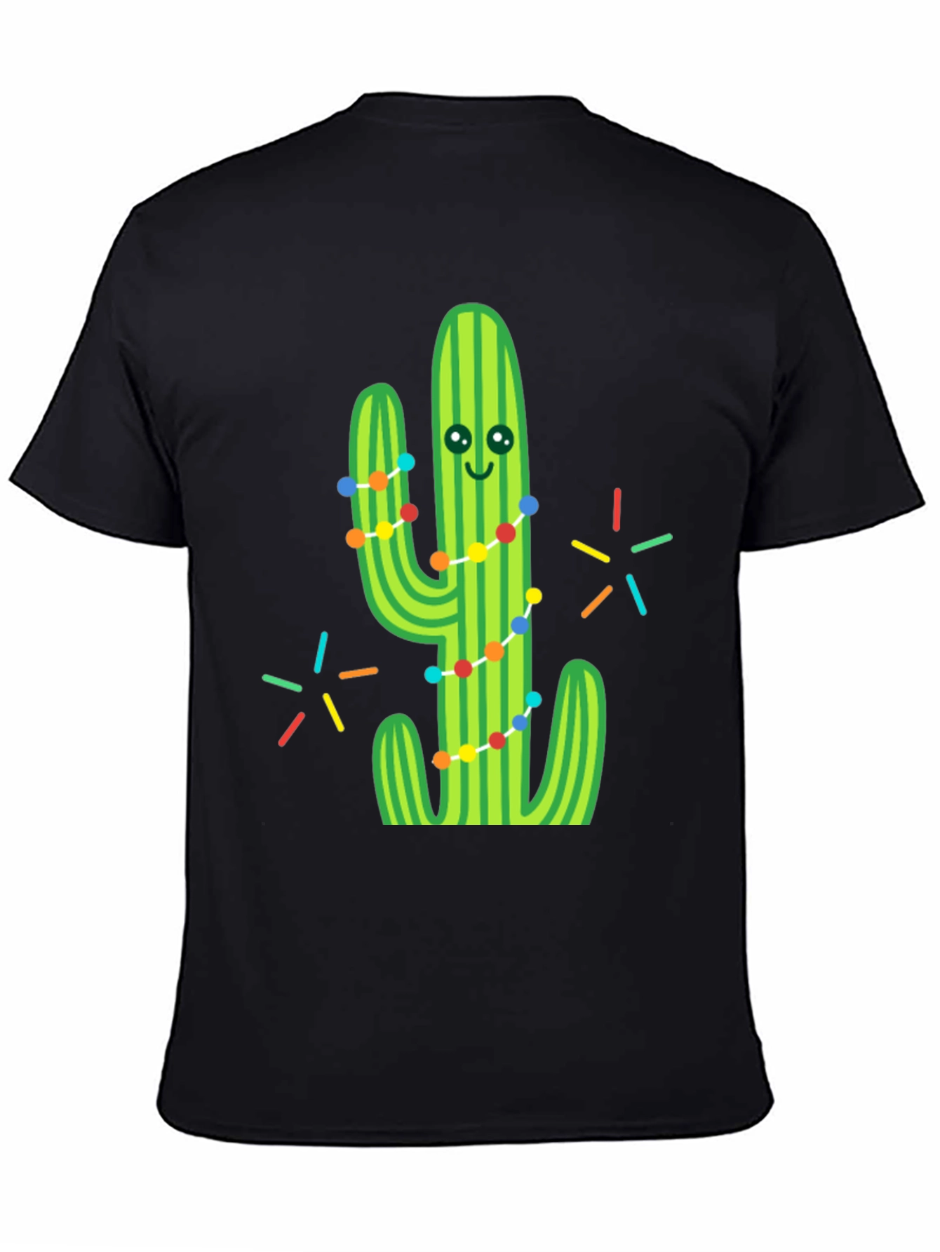 Festive Cactus Graphic Tee - Black Cotton T-Shirt