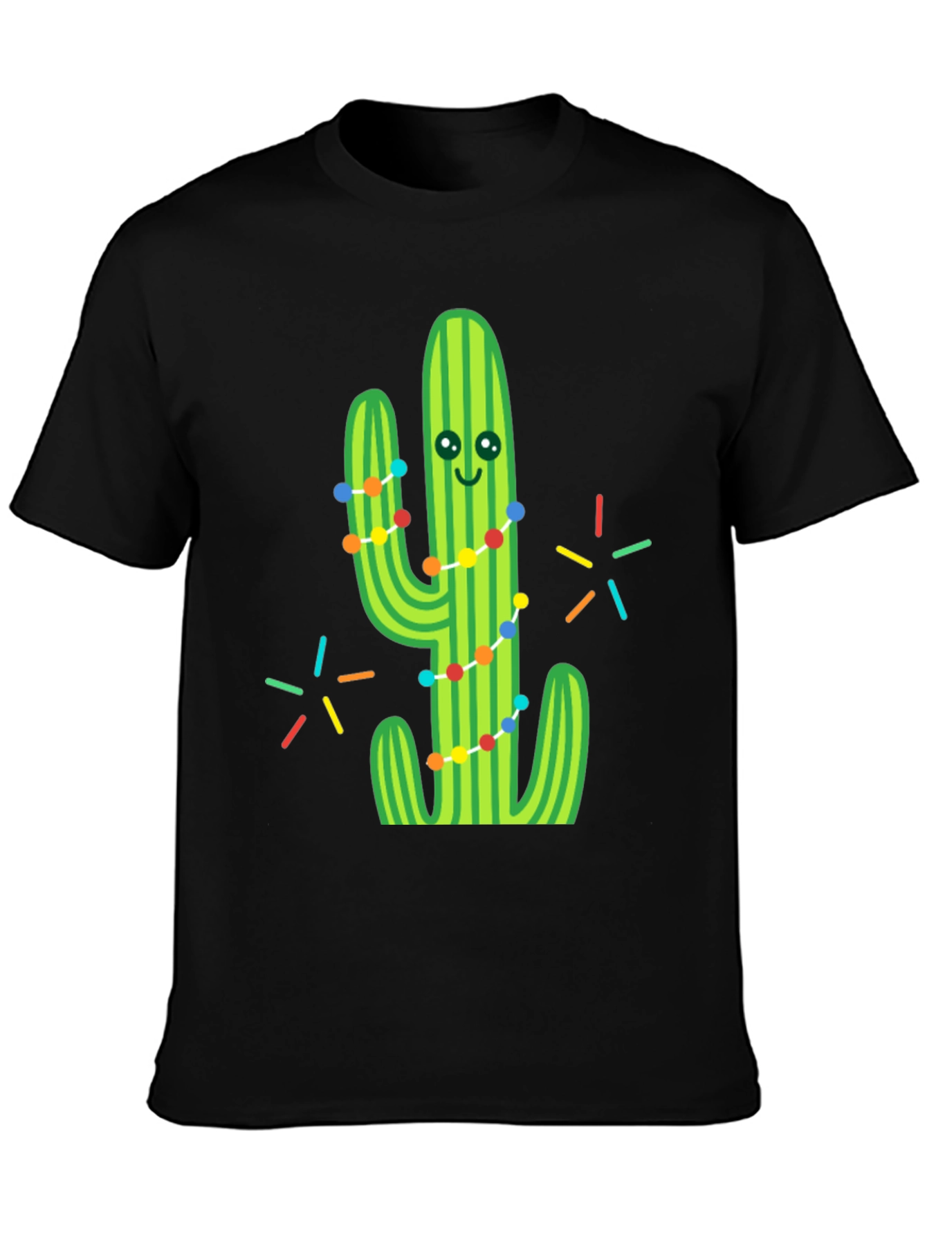 Festive Cactus Graphic Tee - Black Cotton T-Shirt