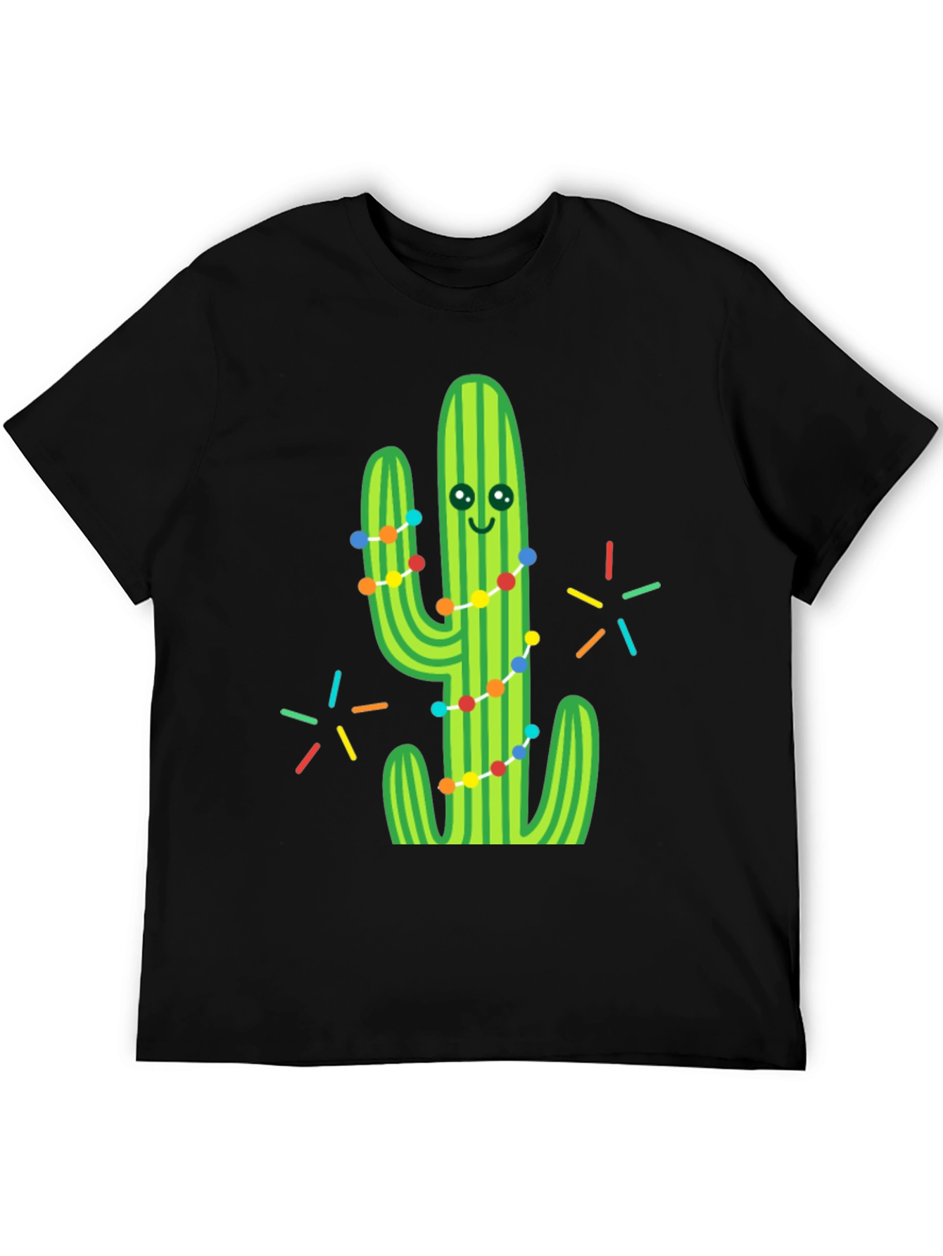 Festive Cactus Graphic Tee - Black Cotton T-Shirt