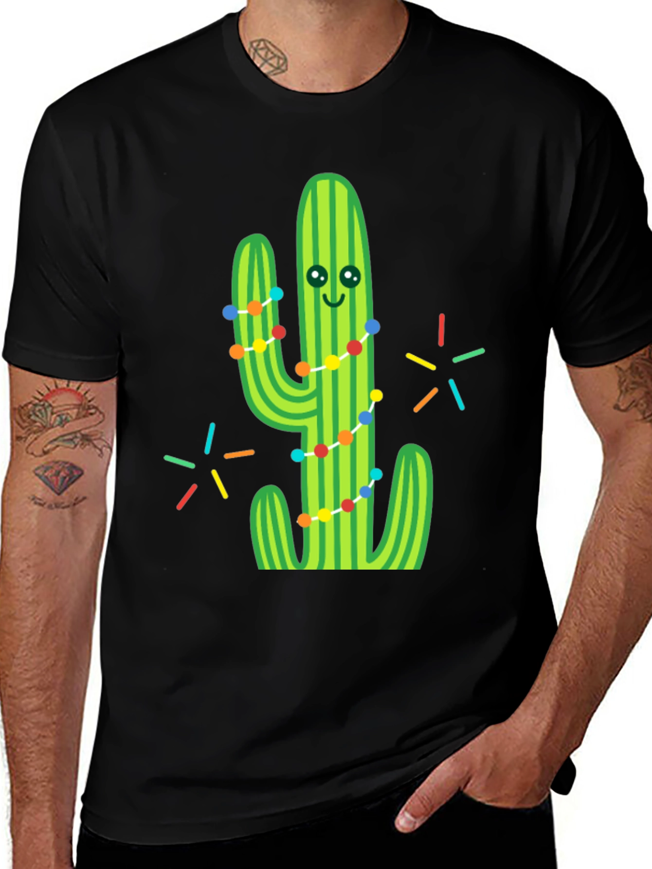 Festive Cactus Graphic Tee - Black Cotton T-Shirt
