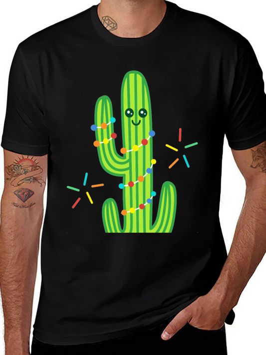 Festive Cactus Graphic Tee - Black Cotton T-Shirt