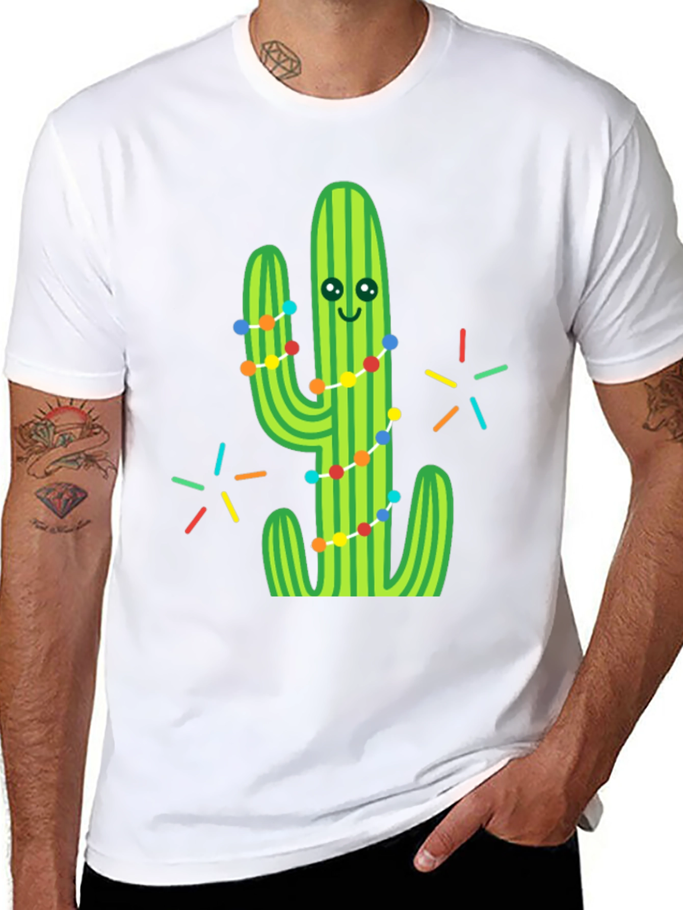 Festive Cactus Graphic Tee - Black Cotton T-Shirt