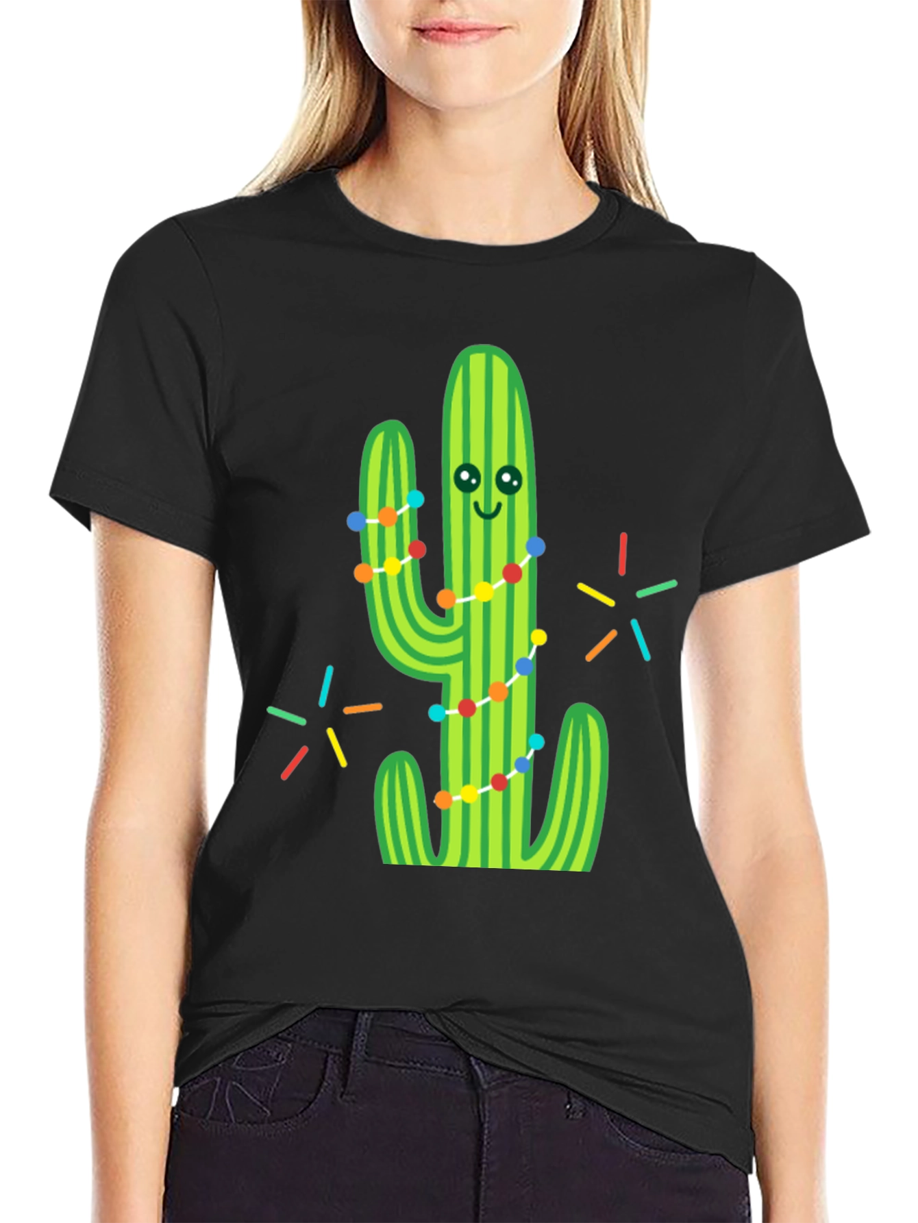 Festive Cactus Graphic Tee - Black Cotton T-Shirt