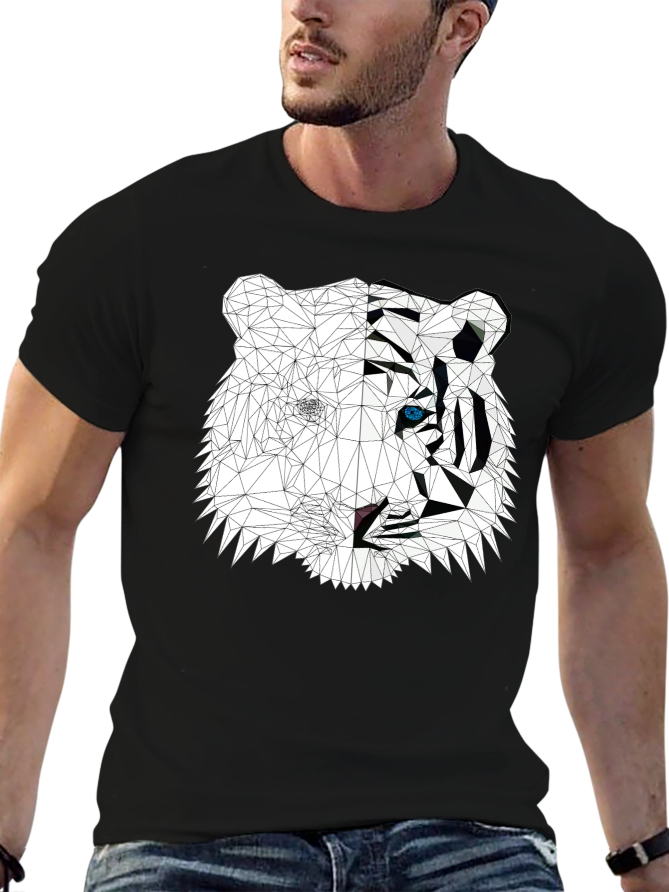 Geometric Tiger Graphic Print Black T-Shirt