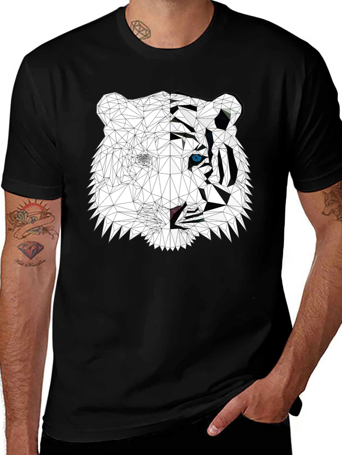 Geometric Tiger Graphic Print Black T-Shirt