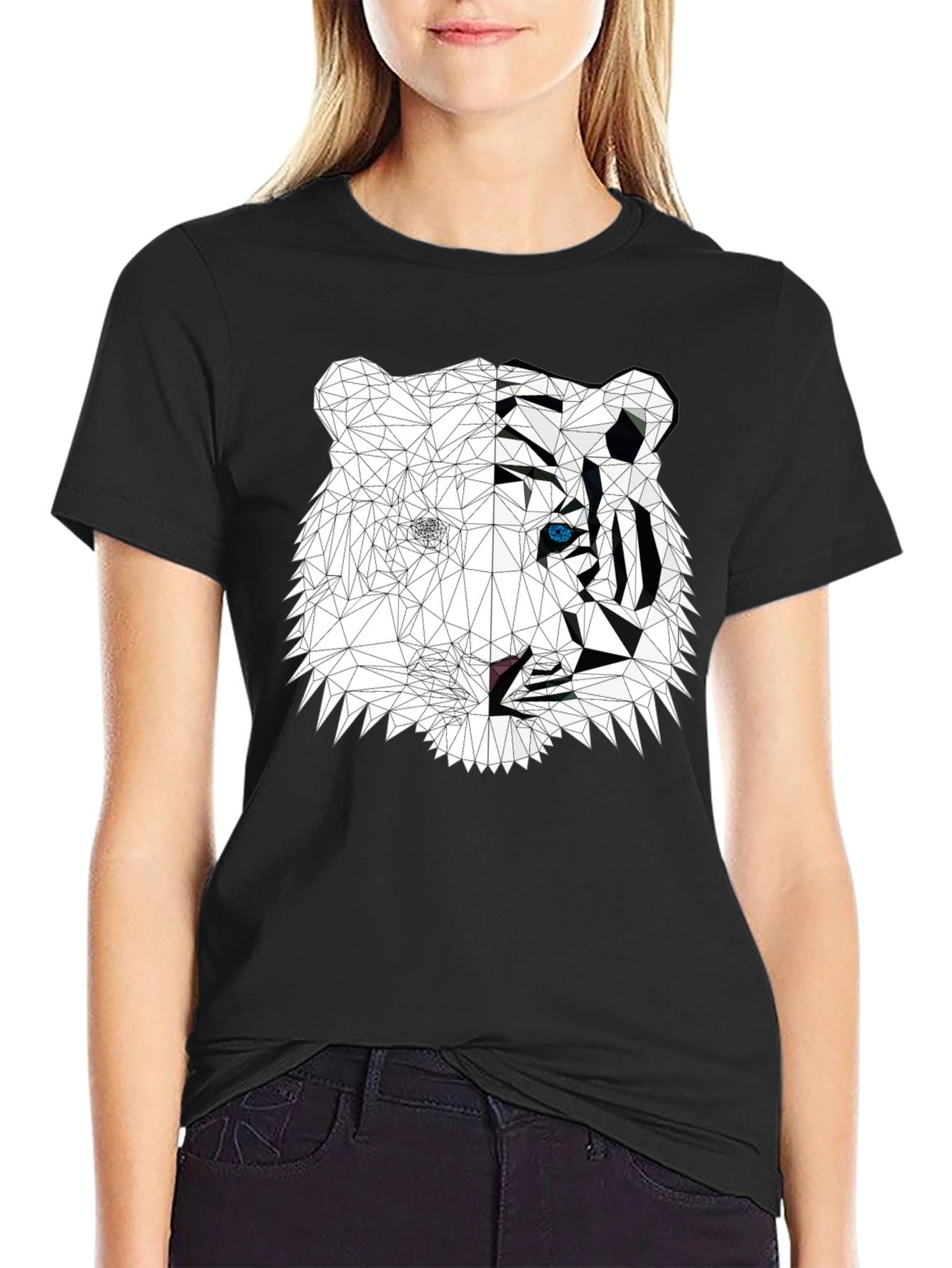 Geometric Tiger Graphic Print Black T-Shirt