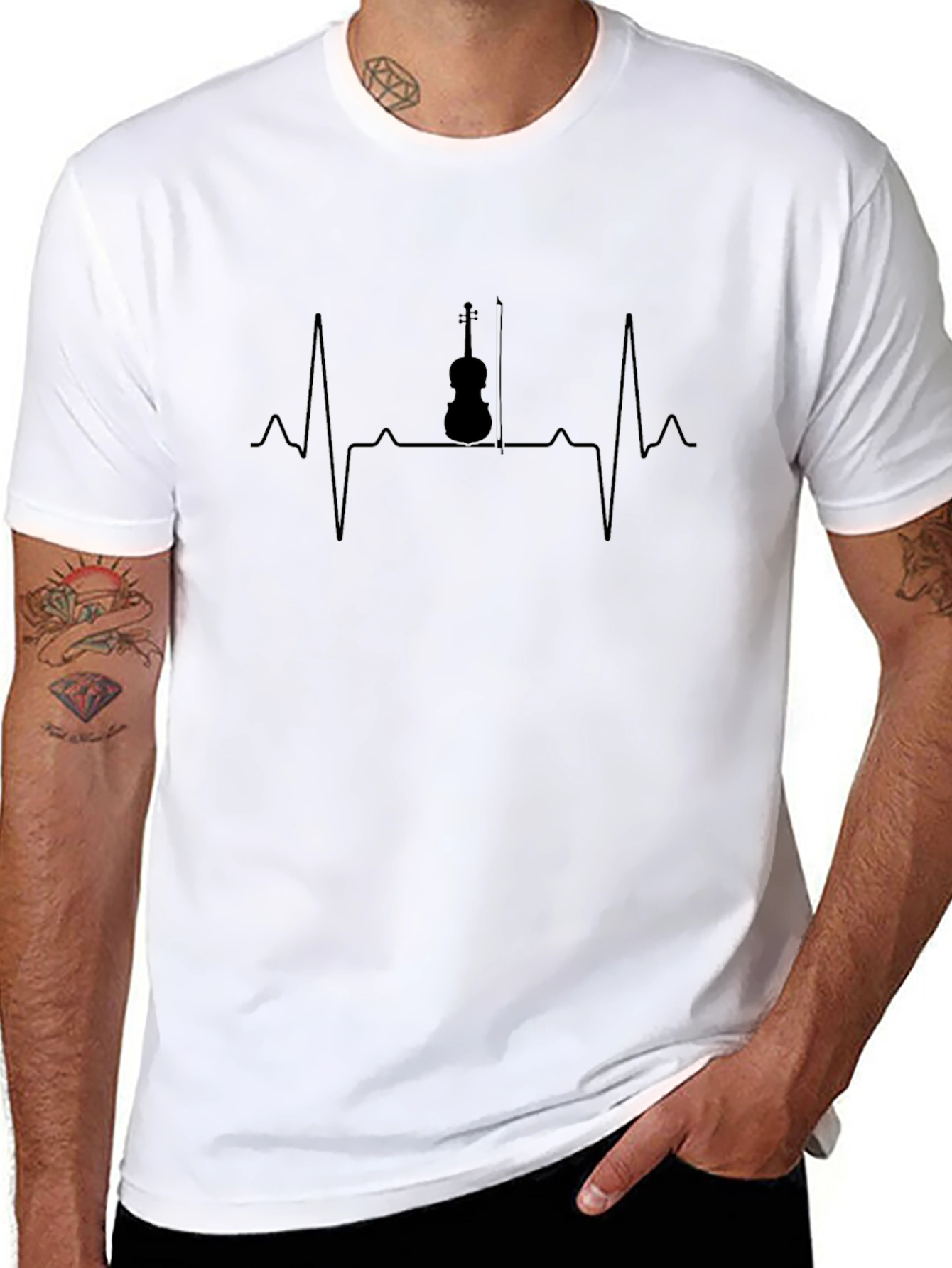 Violin Heartbeat Graphic Tee - Black Casual T-Shirt