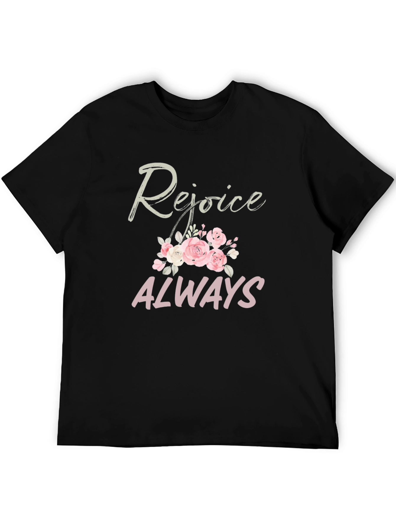 Rejoice Always Black T-Shirt with Floral Design